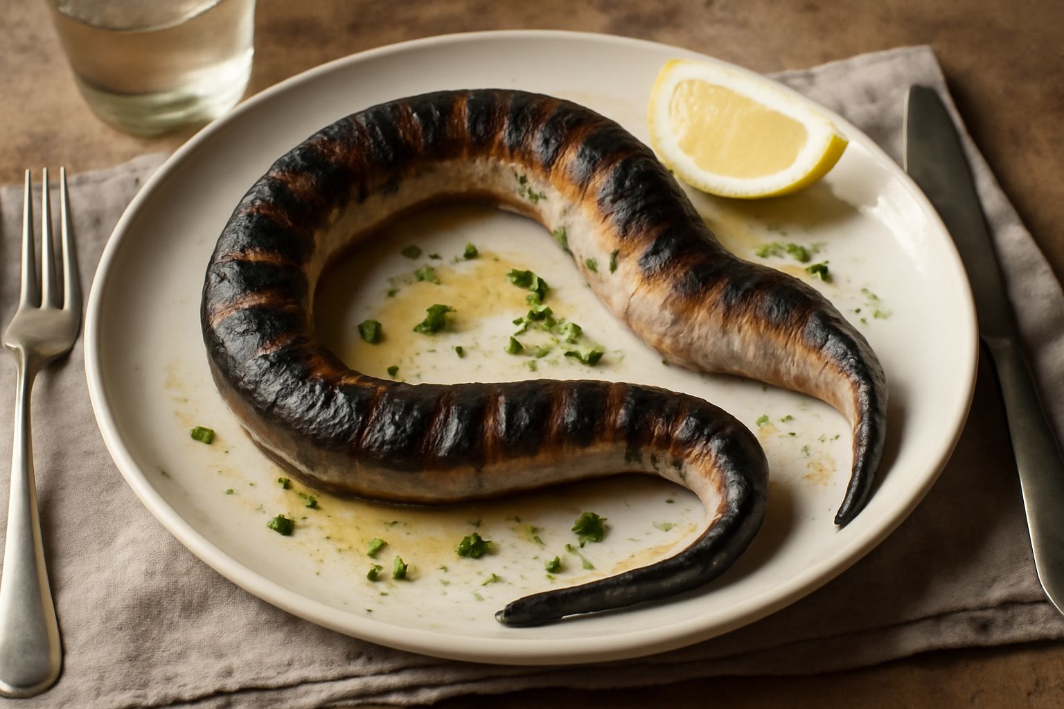 Anguilla intera grigliata sul piatto, con pelle dorata e striature scure, contorno di limone fresco tagliato a spicchi e rametto di rosmarino, insalata verde ai lati
