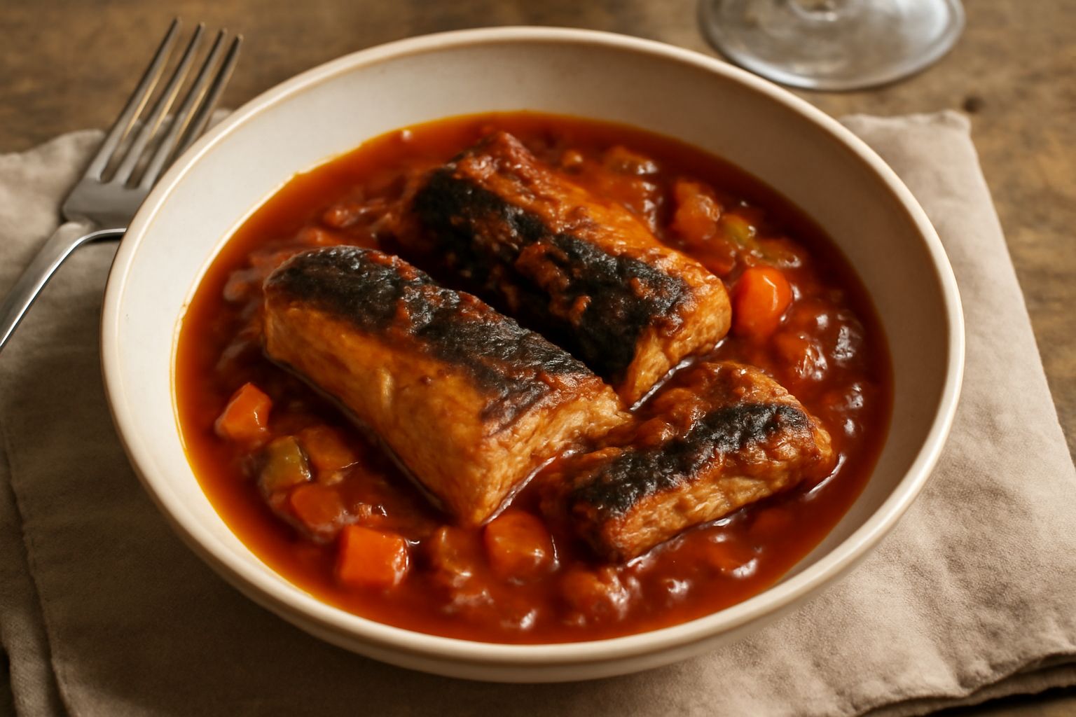 Anguilla alla mantovana servita in piatto bianco: pezzi di anguilla stufata in salsa di pomodoro ricca, guarnita con prezzemolo tritato, accompagnata da patate lessate e contorno di verdure