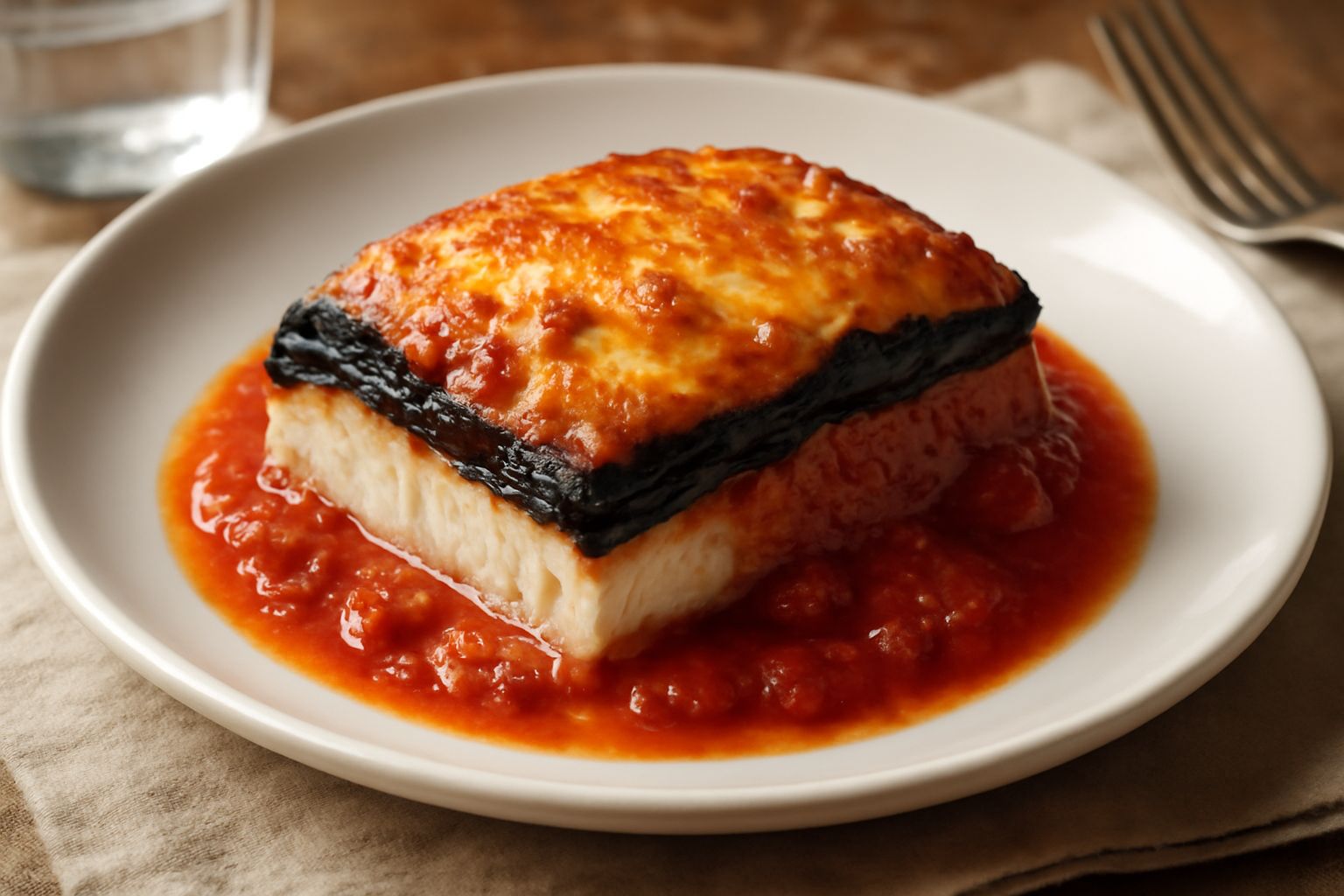 Anguilla alla parmigiana in piatto bianco, con melanzane viola e marrone, sugo rosso di pomodoro, formaggio fuso dorato in superficie, contorno di insalata verde fresca