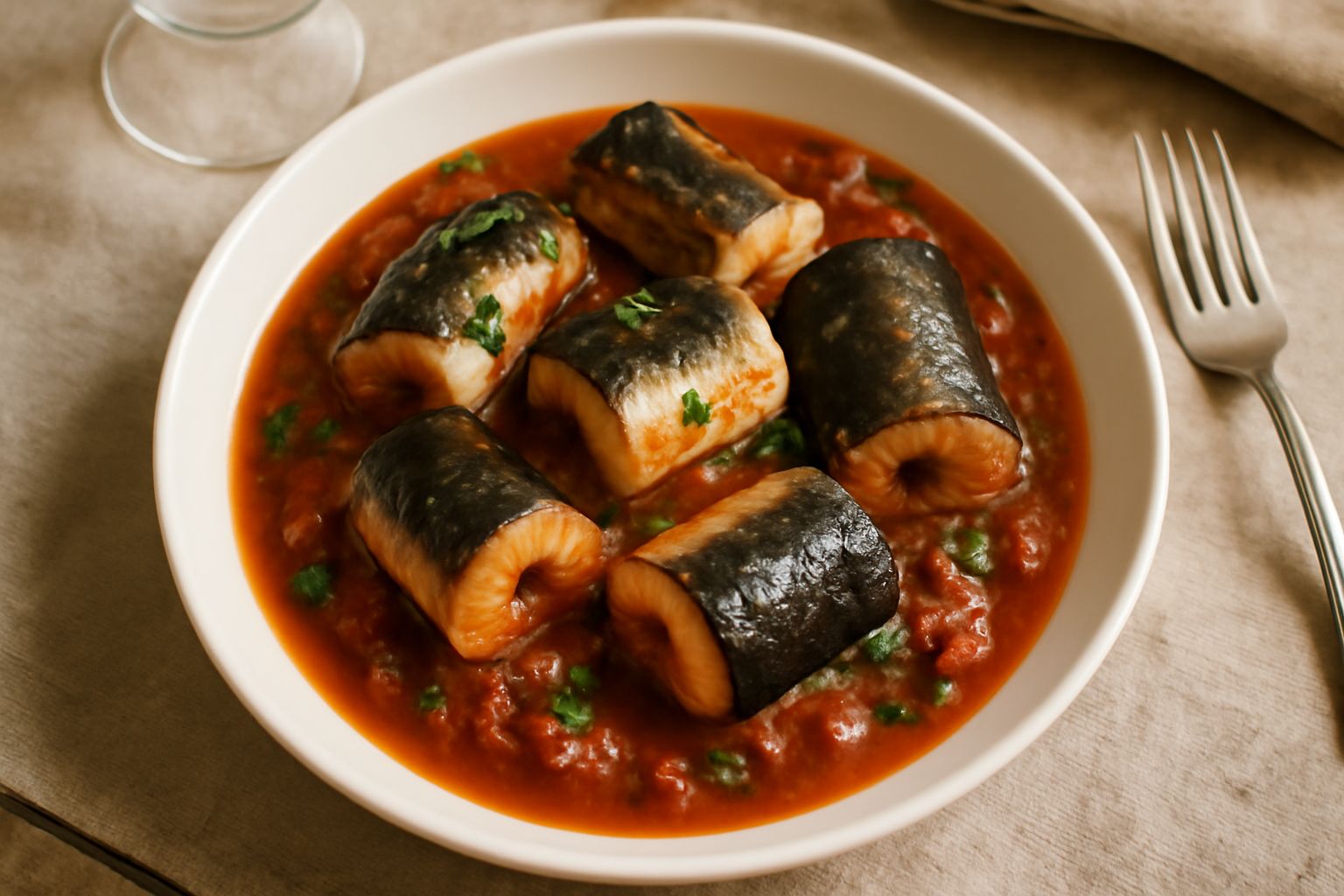 Anguilla intera cotta in tegame con salsa di pomodoro rosso vivo, cipolla e prezzemolo, servita su fondo di terracotta con contorno di verdure