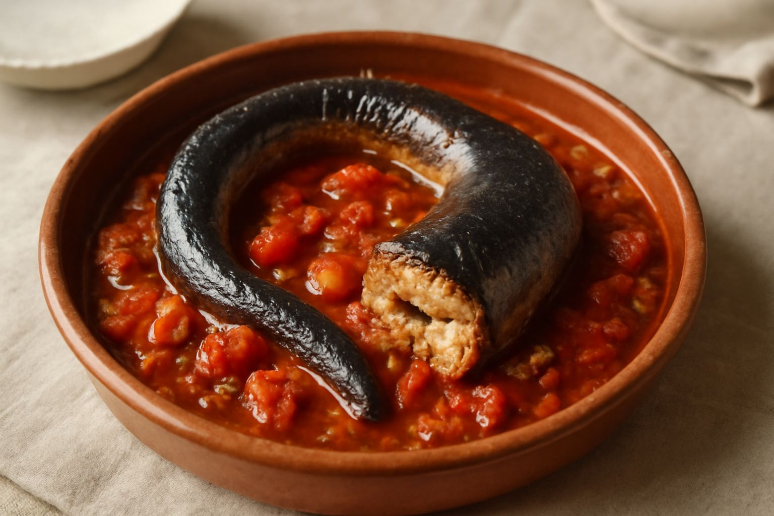Anguilla intera cotta in pentola di terracotta scura, circondata da pomodori rossi interi, sedano e carota tagliati a pezzi, liquido rosso scuro visibile attorno al pesce, guarnizione di prezzemolo fr