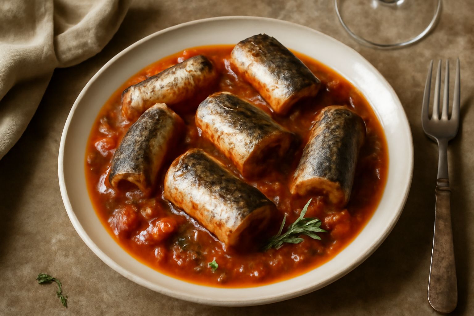 Anguilla tagliata a pezzi, cotta in umido in una pentola di terracotta, con salsa rossa di pomodoro, aglio visibile e prezzemolo fresco sopra, servita in piatto bianco fondo con pane tostato a lato