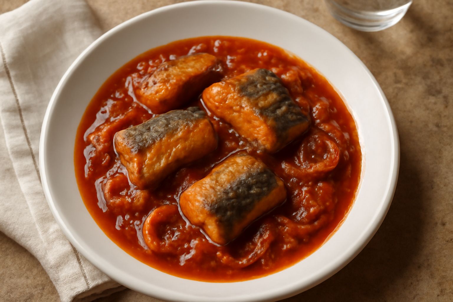 Anguilla stufata in tegame di terracotta con salsa al pomodoro, fettine di cipolla traslucida, vino rosso scuro visibile nel fondo, guarnita con prezzemolo fresco, servita in piatto bianco.