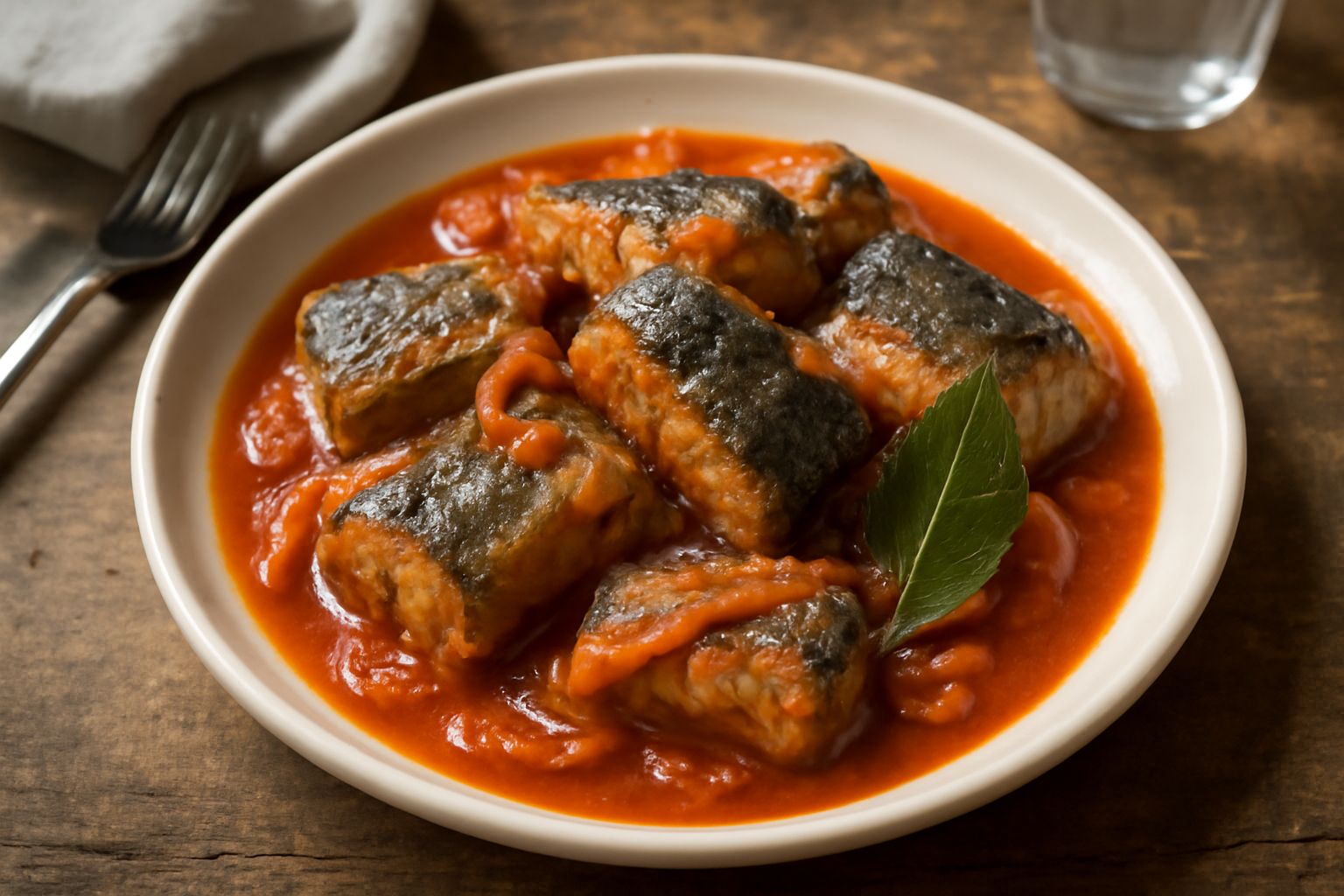 Anguilla cotta in umido in un piatto bianco fondo, bagnata in salsa di pomodoro scuro, con cipolla e alloro visibili, contorno di polenta creamy beige