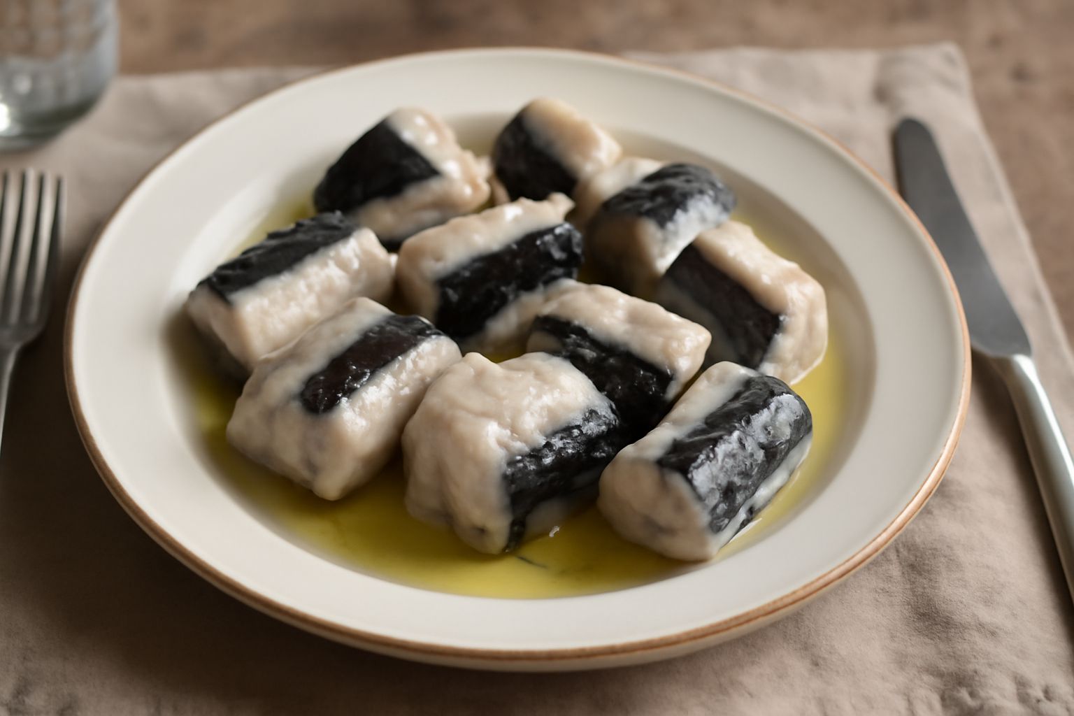 Anguilla bollita tagliata a pezzi da tre centimetri, bianca e traslucida, disposta su un piatto bianco con un filo di olio d'oliva, accompagnata da limone fresco tagliato a spicchi e prezzemolo tritat