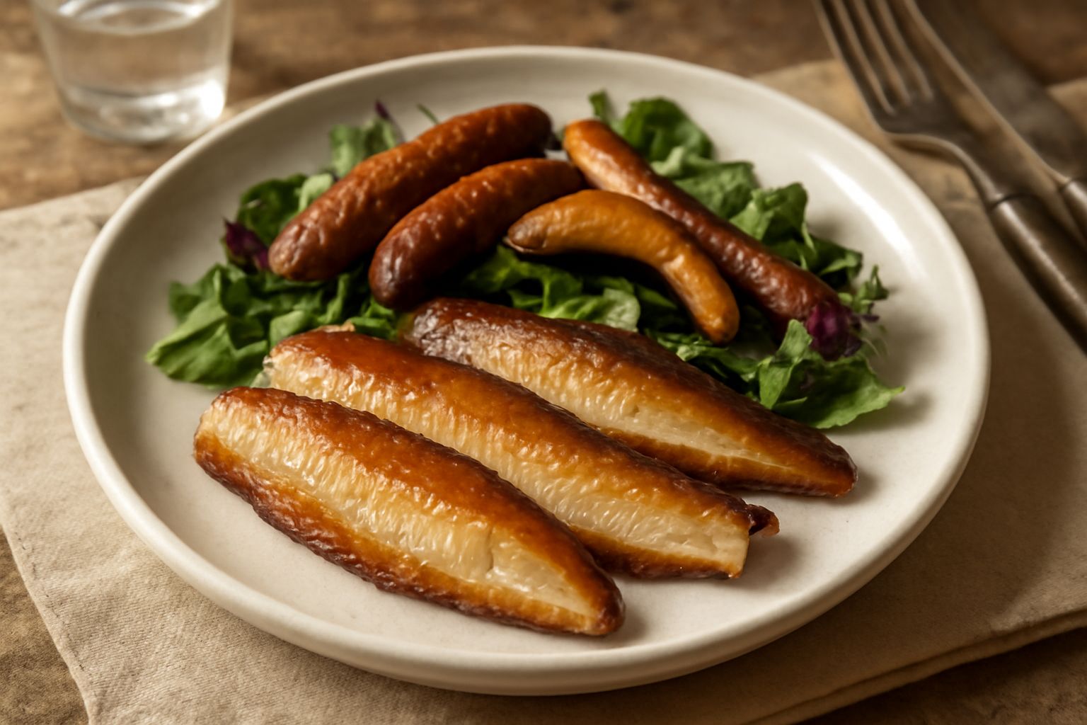 Filetto di anguilla affumicata tagliato su tagliere di legno, con superficie dorata e luciccante, accompagnato da limone fresco tagliato a spicchi e erbe aromatiche