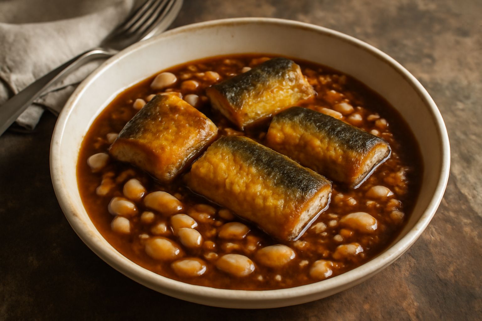 Anguilla e fagioli in umido serviti in piatto fondo bianco, con pezzi di anguilla dorata in salsa scura di pomodoro e fagioli bianchi, decorato con prezzemolo verde