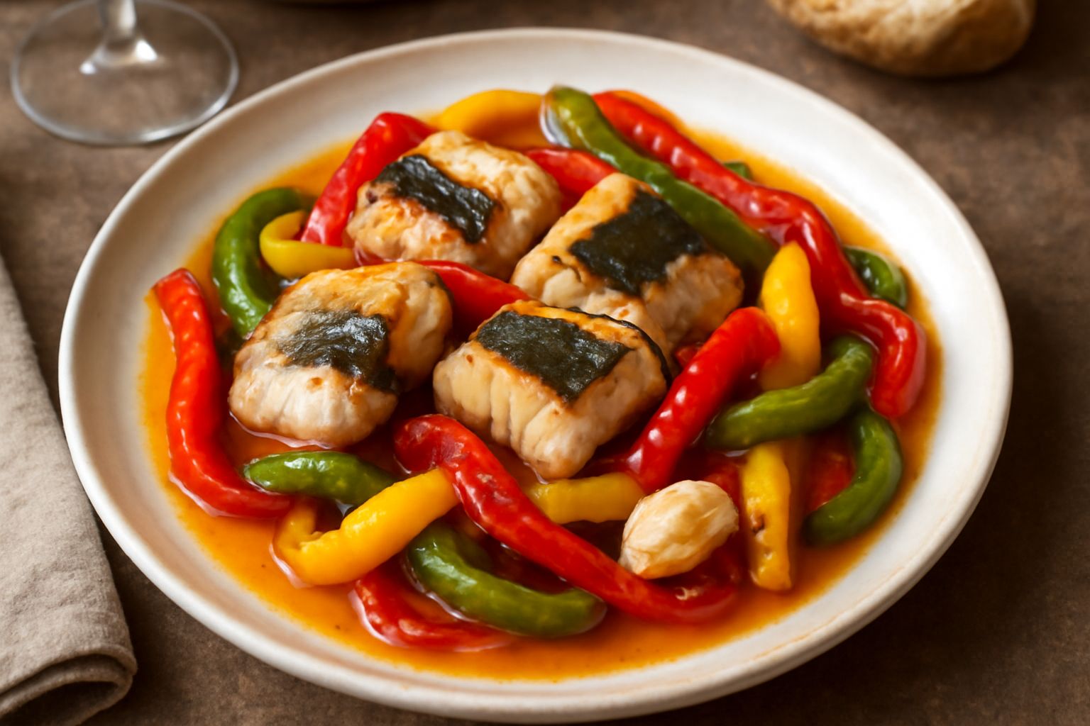 Anguilla cotta e peperoni colorati rossi gialli e verdi in umido, serviti in un piatto bianco con olio lucido e aglio rosolare, su tavolo in legno chiaro