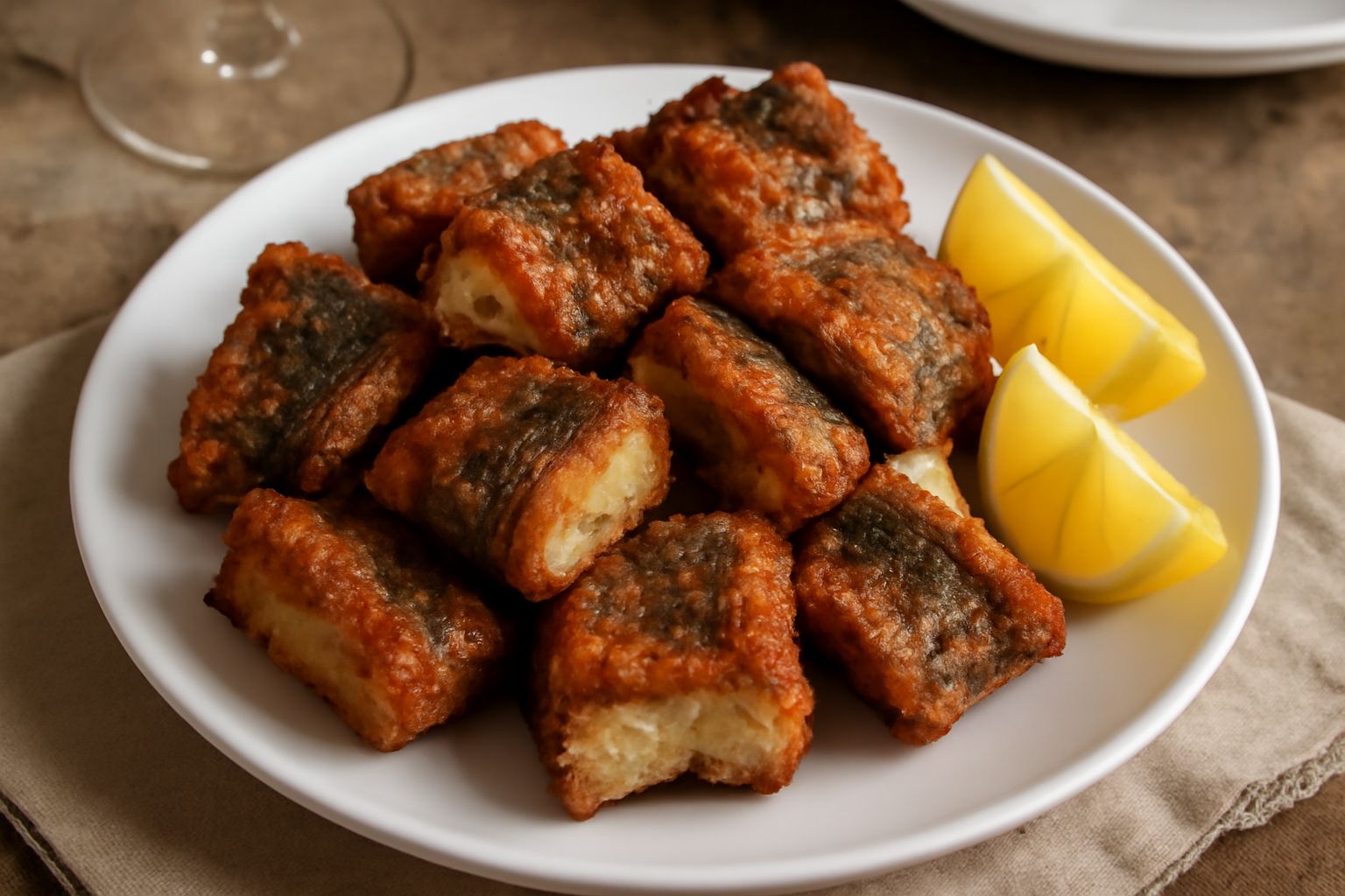 Anguilla fritta dorata e croccante su un piatto bianco, tagliata a pezzi di circa otto centimetri, con limone fresco affettato e prezzemolo tritato