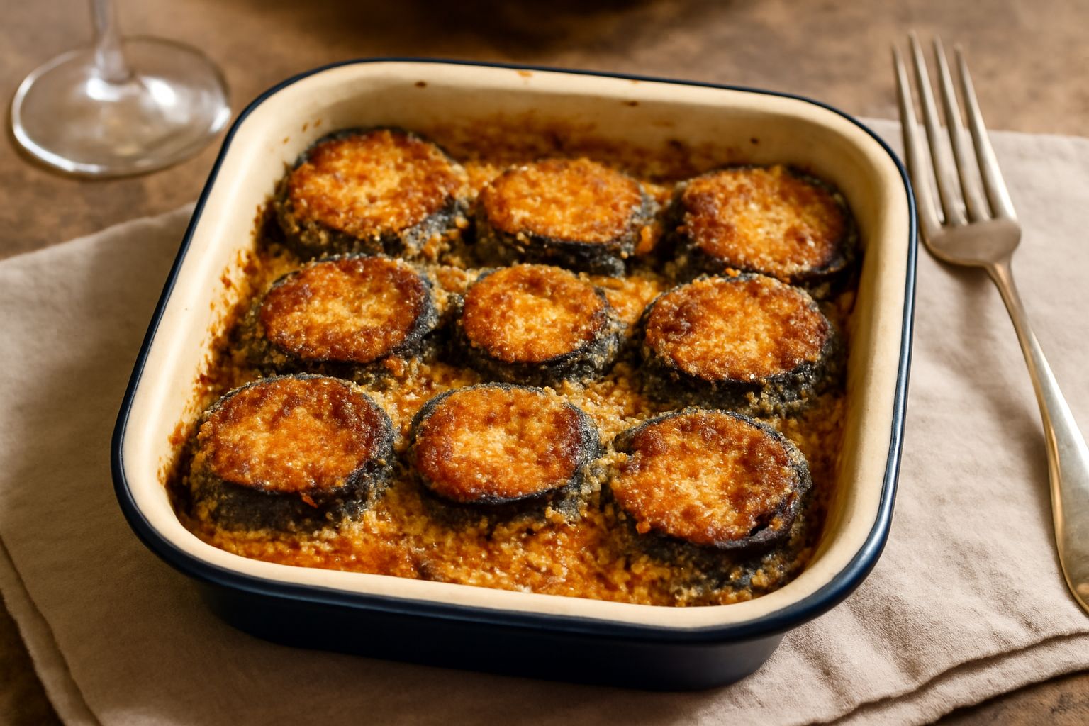 Anguilla gratinata in pirofila bianca: superficie dorata e croccante con pangrattato, formaggio leggermente bruciato ai bordi, carne visibile nei tagli, contorno di limone fresco