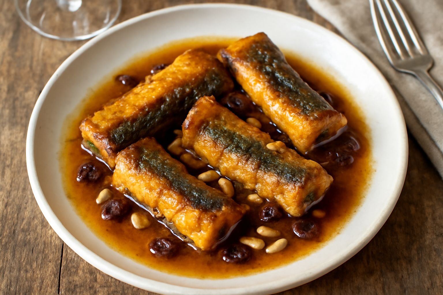 Anguilla fritta color dorato in un piatto fondo, ricoperta da una salsa marroncina con uvetta e pinoli visibili, aceto e spezie, guarnita con prezzemolo fresco