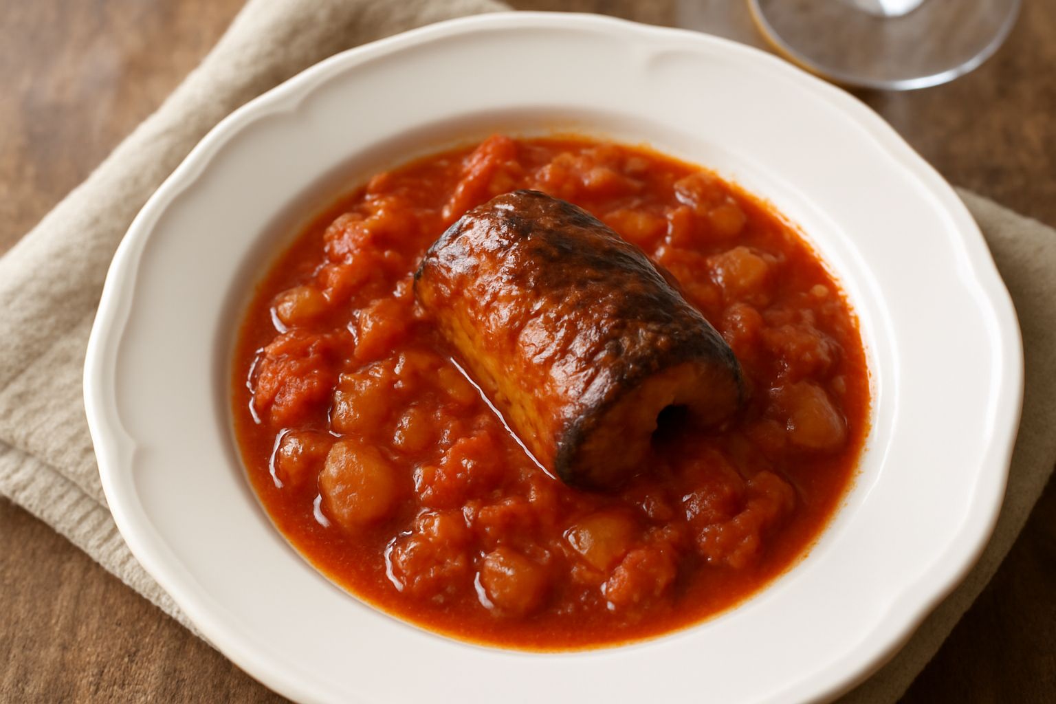 Anguilla stufata in umido in pentola di terracotta, circondata da salsa di pomodoro ricca, pezzi morbidi di pesce biancheggiante, cipolla e sedano cotti, contorno di salsa densa e profumata colore ara