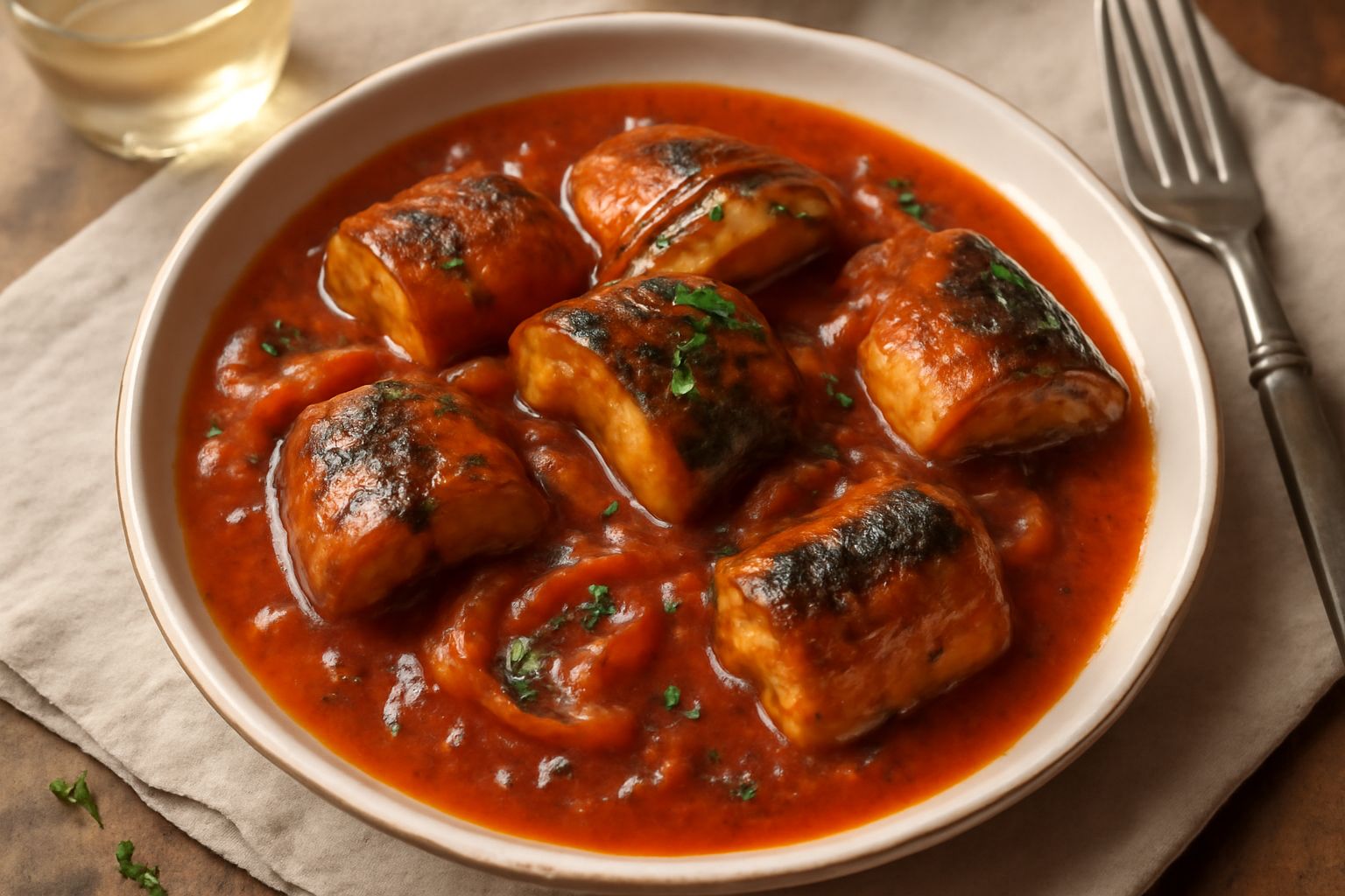 Anguilla tagliata a pezzi in tegame di terracotta, immersa in sugo rosso di pomodoro con cipolla e prezzemolo fresco, vapore che sale dal piatto