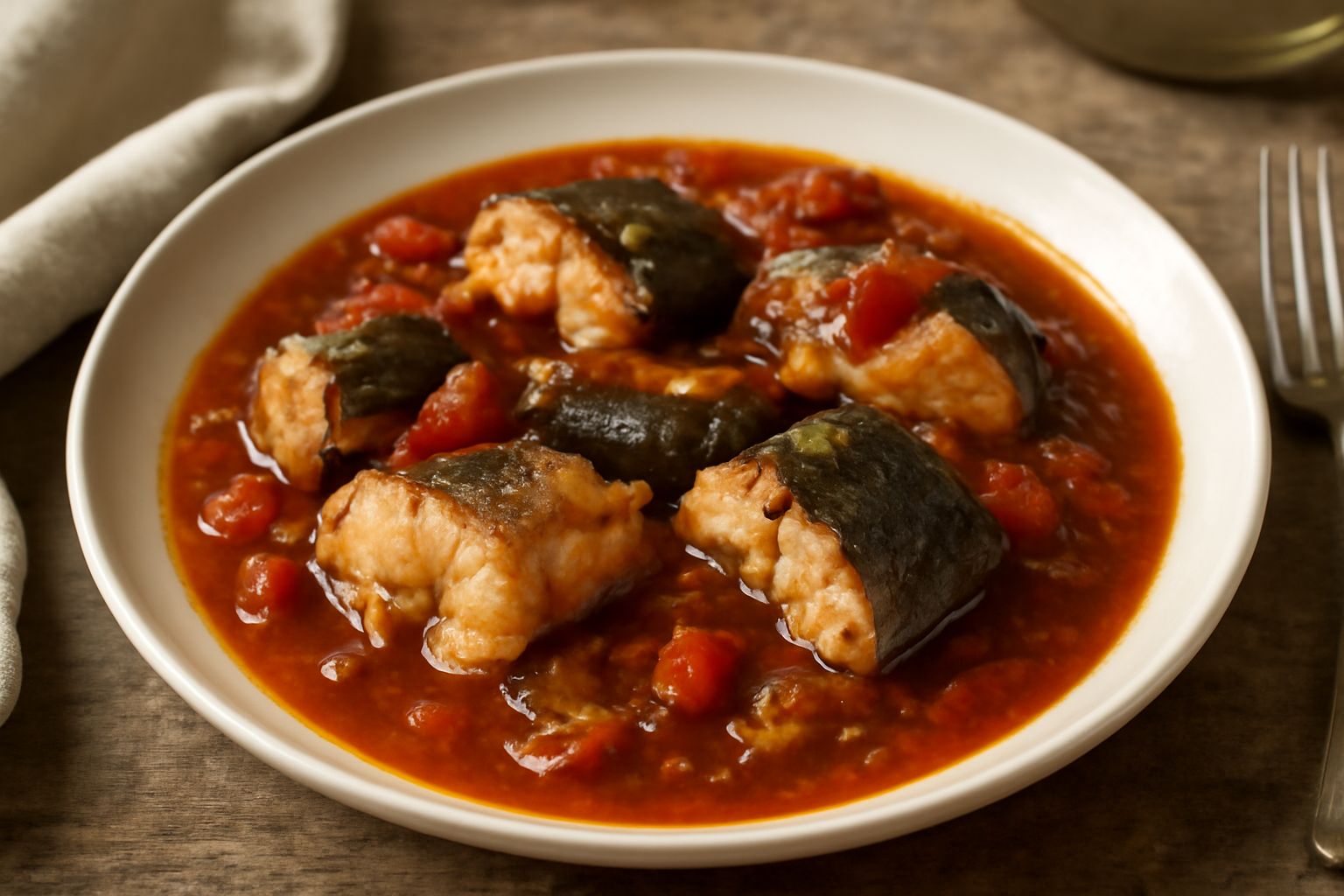 Anguilla in umido in piatto fondo bianco, pezzi di anguilla teneri in sugo scuro con pomodoro, cipolla e sedano, guarnita con prezzemolo fresco, contorno di pane tostato