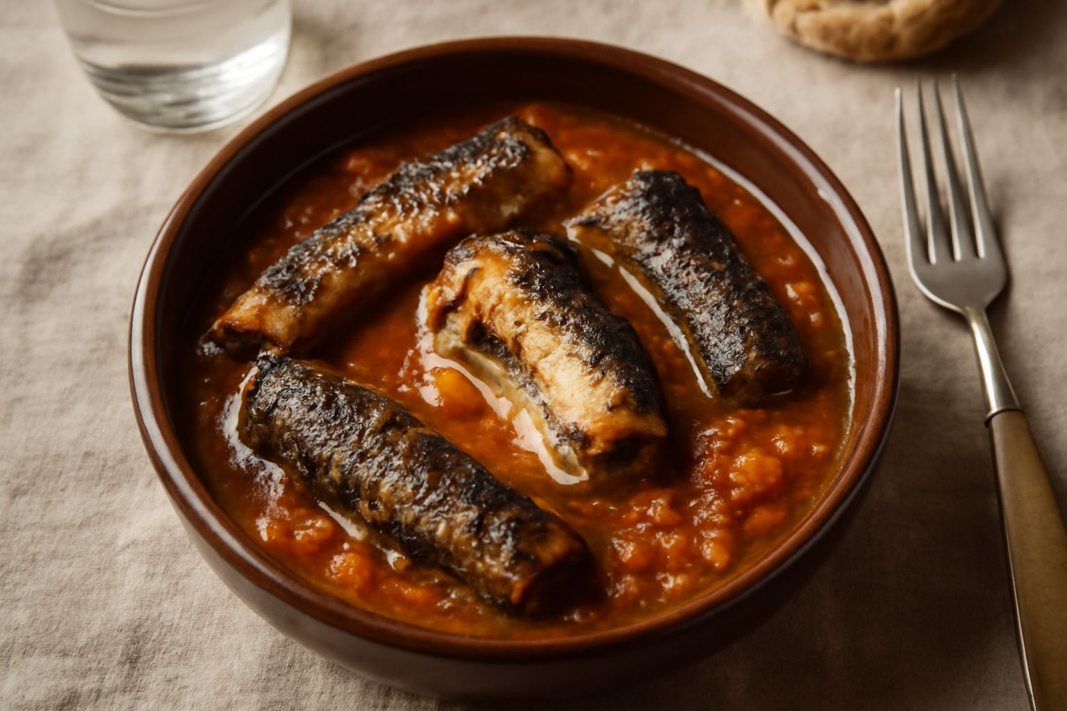 Anguilla in umido in tegame di terracotta con brodo marrone, pezzi di cipolla e carota, erbe aromatiche, piatto bianco fondo tavolo legno