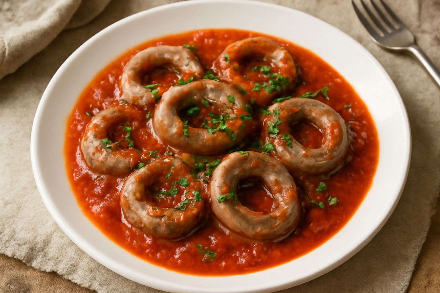 Anguilla tagliata a pezzi in salsa rossa di pomodoro, in un piatto di porcellana bianca, con pomodori freschi e prezzemolo tritato come guarnizione, cibo vapore visibile