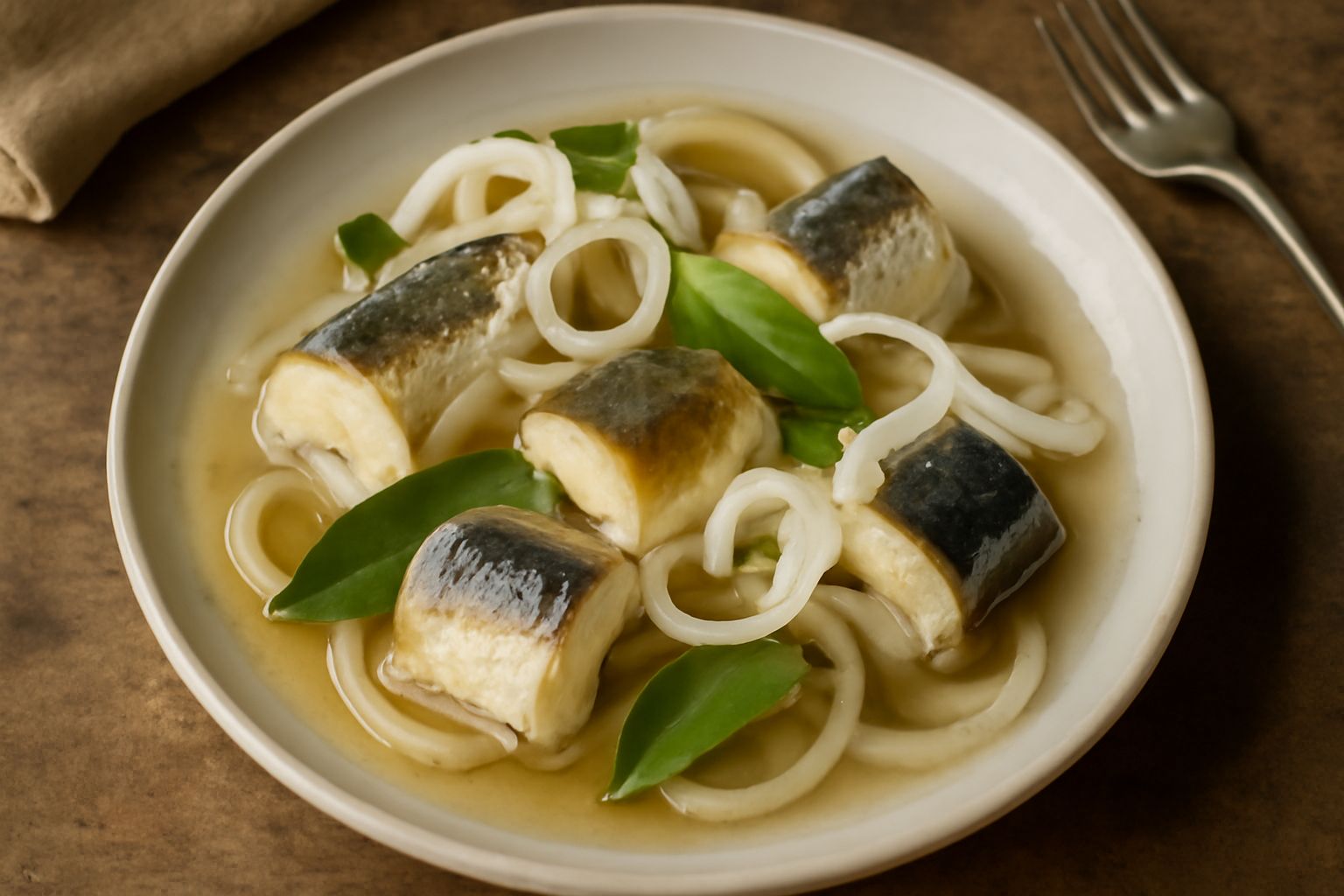 Anguilla marinata in bianco tagliata a tranci su un piatto di porcellana bianca, con salsa di aceto trasparente, pezzetti di cipolla e bay leaf, contorno di limone affettato