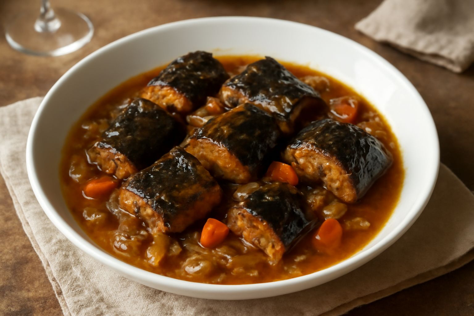 Anguilla stufata in umido, pezzi di pesce scuro in sugo brunastro con verdure morbide, cipolle dorate e prezzemolo fresco, servita in piatto fondo bianco