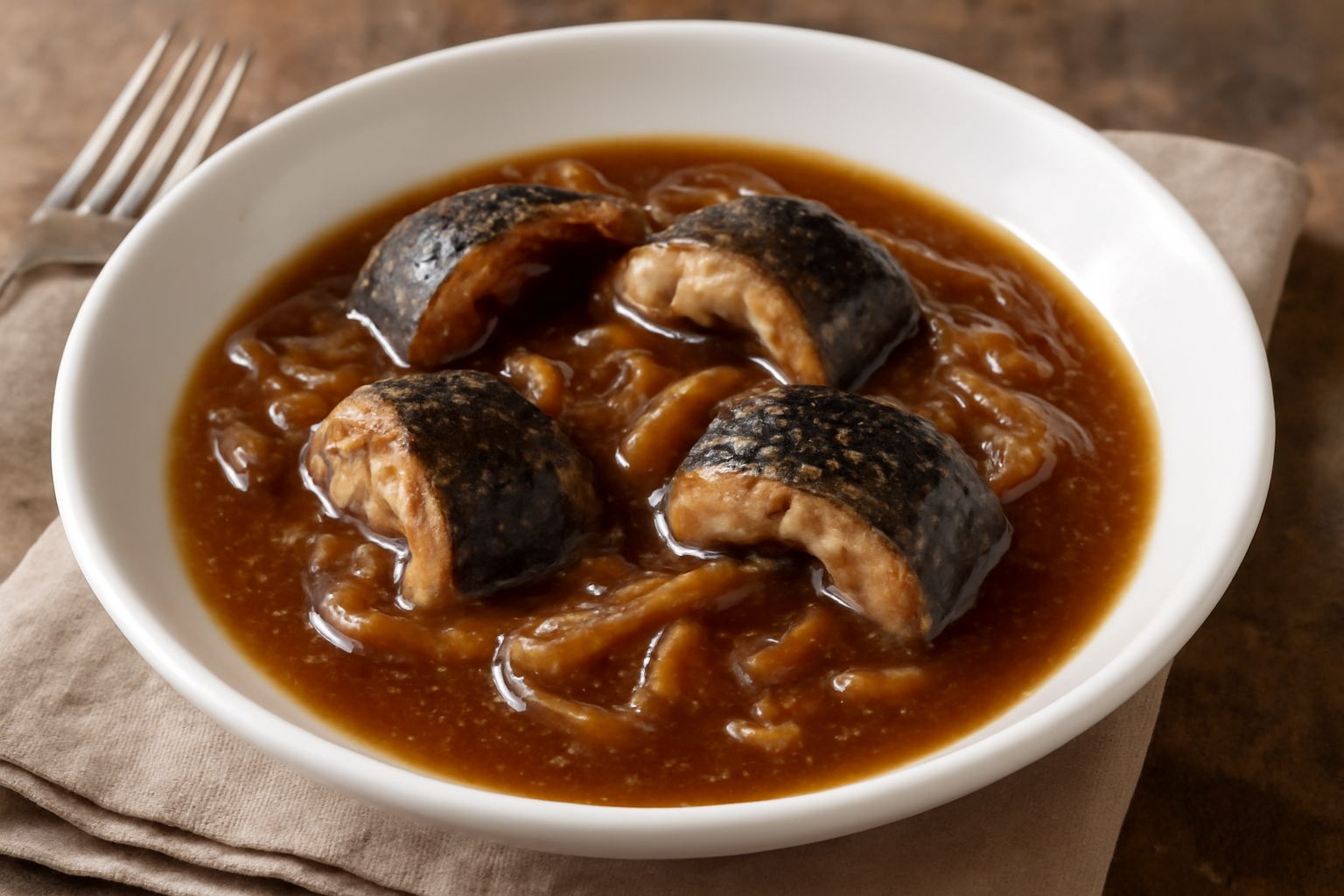 Anguilla stufata nel suo brodo con cipolla dorata, servita in un piatto fondo bianco, con pezzi di anguilla grigio-marrone circondati da cipolla trasparente e brodo ricco, contorno di pane scuro ai bo