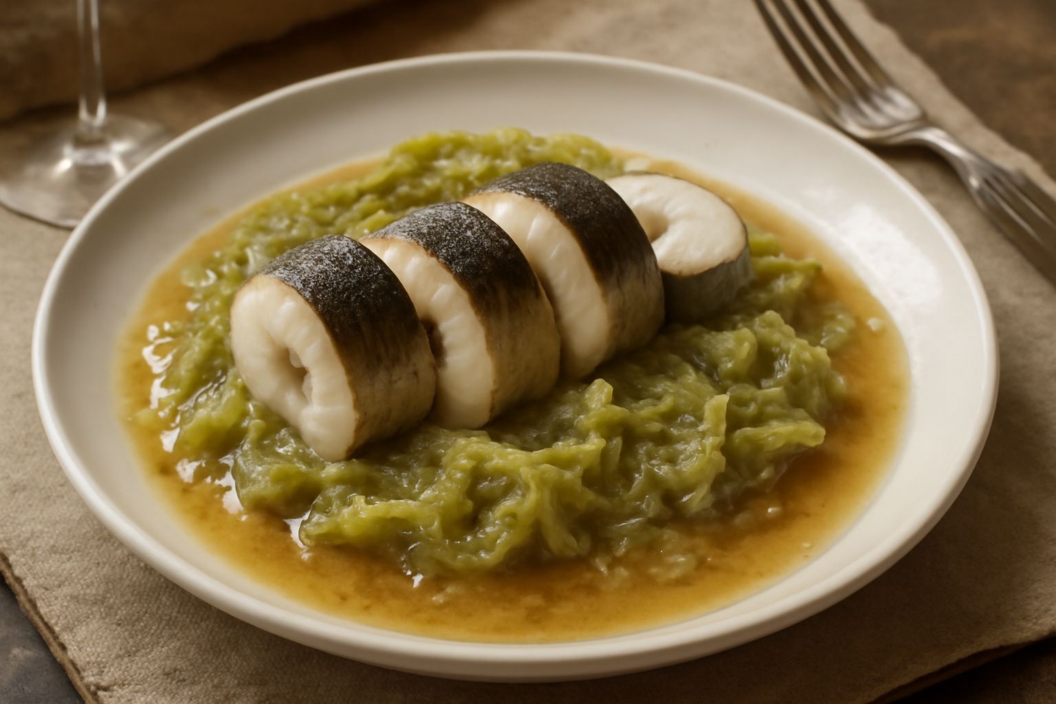 Anguilla stufata con verza in piatto bianco fondo, pezzi di anguilla morbida con verza verde pallido stufata, cipolla dorata e brodo ridotto trasparente, guarnizione di prezzemolo fresco