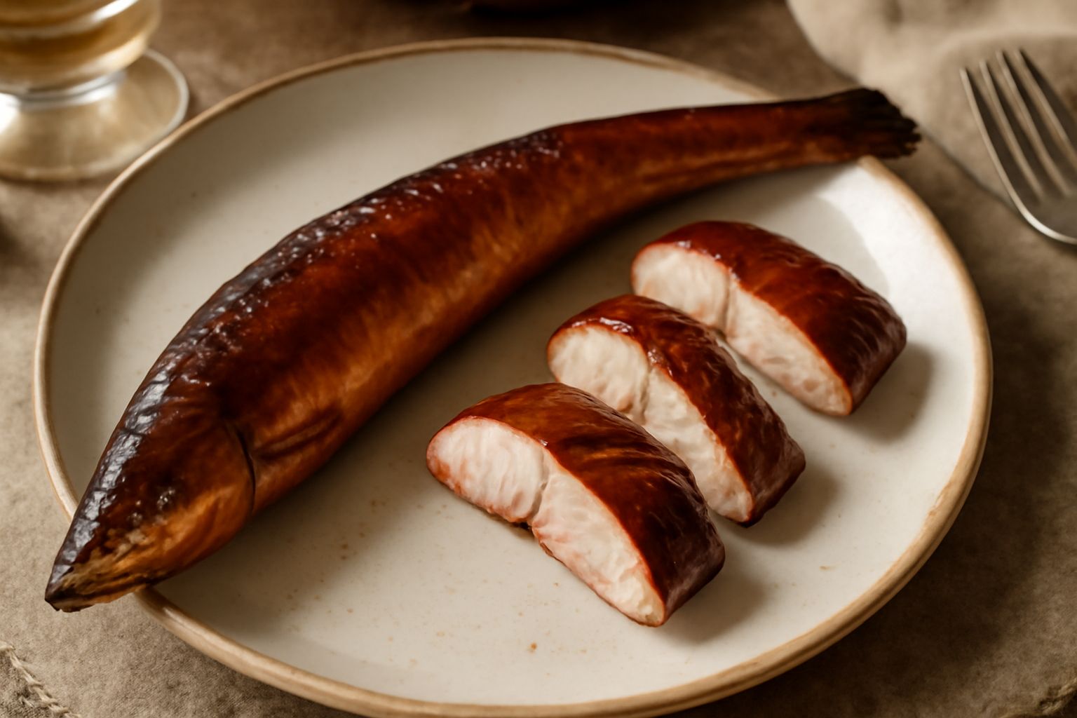Anguille affumicate dorate e lucide, disposte su un piatto bianco con limone fresco affettato e erbe aromatiche, accompagnate da pane tostato ai bordi
