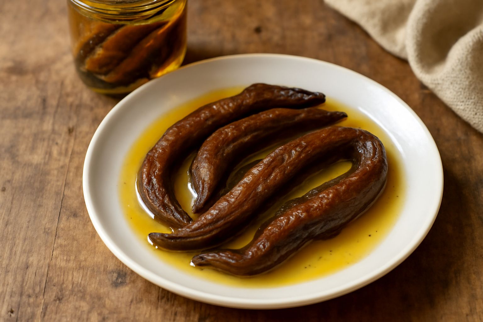 Barattolo di vetro con anguille affumicate sott'olio, visibili i filetti scuri e lucidi immersi nell'olio dorato, con foglie di alloro e pepe nero