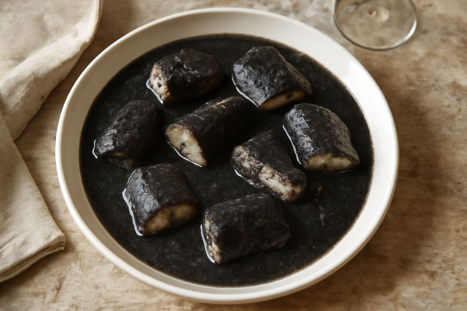 Anguille tagliate a tranci e cotte in salsa nera di inchiostro di seppia, servite in un piatto fondo di ceramica bianca con prezzemolo fresco, accanto a fette di pane tostato