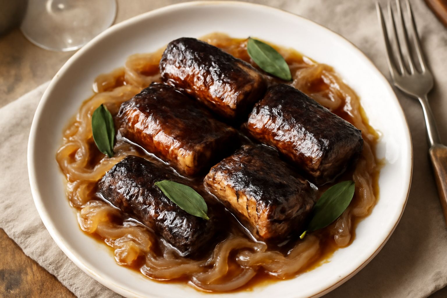 Anguille alla bresciana in un piatto fondo bianco, di colore bruno dorato, ricoperte di salsa, contornate di alloro, con cipolla caramellata visibile intorno