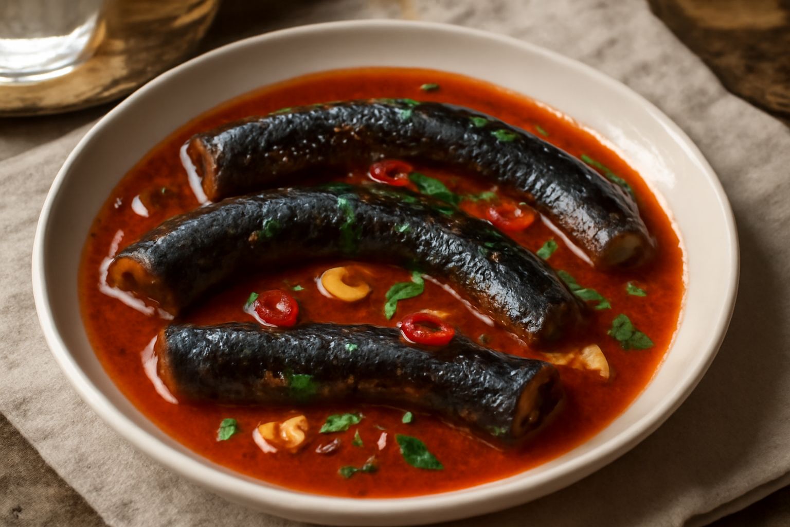 Anguille in umido in salsa di pomodoro rosso acceso dentro un piatto fondo bianco, ornate di prezzemolo fresco verde, con aglio e peperoncino visibili attorno, accompagnate da fette di pane tostato ai