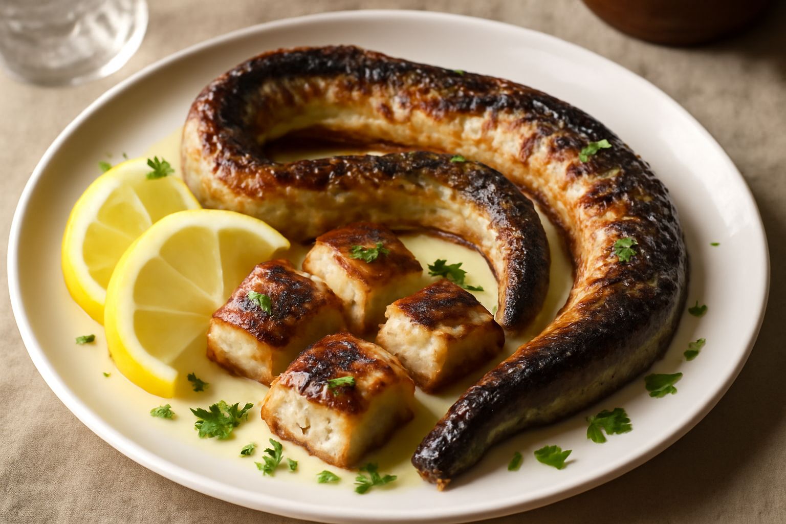 Anguille intere grigliate, dorate e croccanti sulla superficie, disposte su un piatto bianco con spicchi di limone fresco e prezzemolo verde tritato.