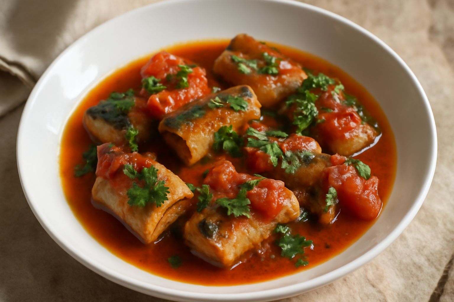 Anguille alla paesana in umido, pezzi di anguilla dorata su fondo di pomodori rossi e olio, prezzemolo verde fresco in superficie, servite in piatto fondo bianco