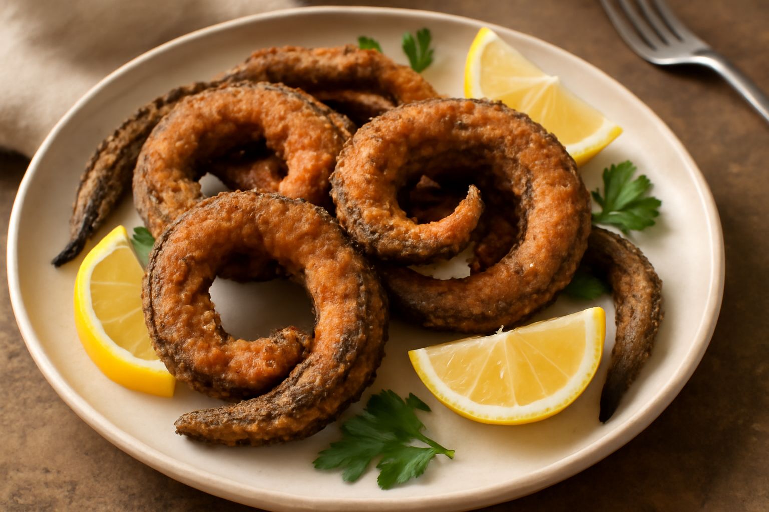 Anguille fritte dorate e croccanti disposte a ciambella su un piatto bianco, con contorno di limone tagliato a spicchi e prezzemolo fresco, su fondo di legno scuro
