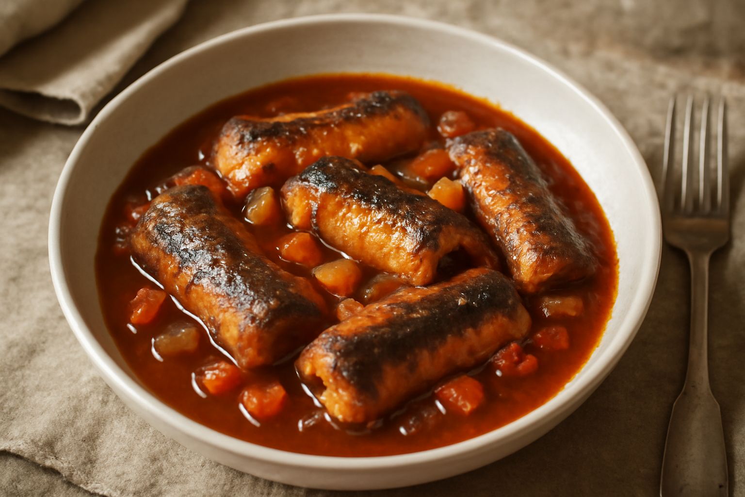 Anguille in guazzetto in piatto fondo bianco: pezzi di anguilla dorata in salsa rosso-bruna densa, con sedano e carota visibili, olio lucido in superficie, decorazione di prezzemolo fresco.