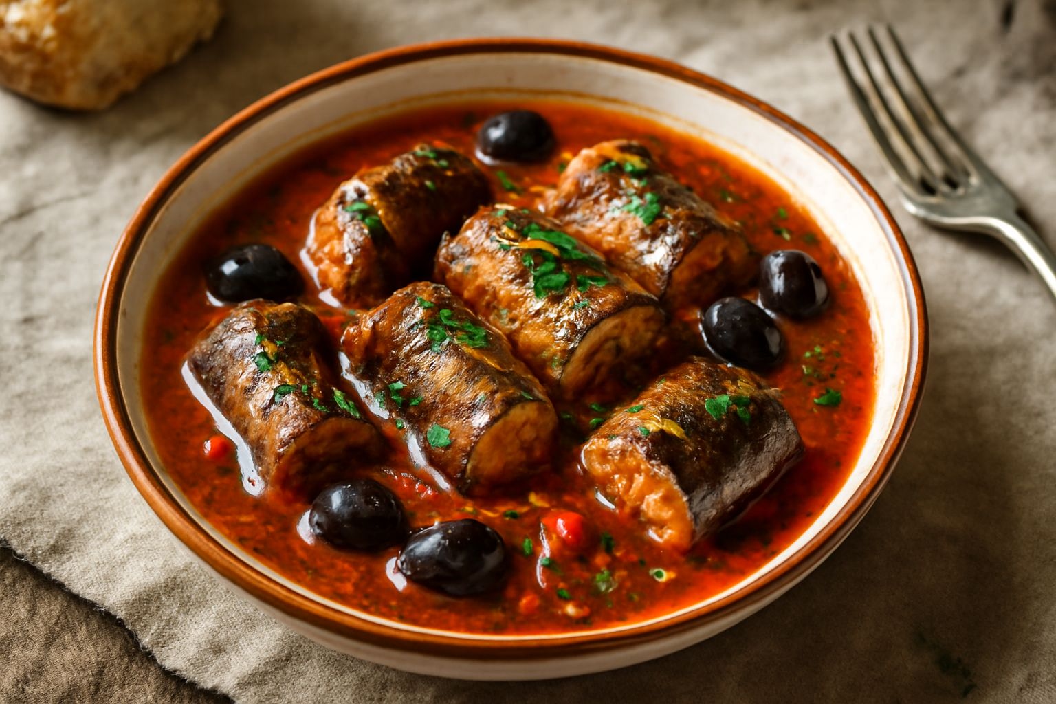 Anguille in umido in una terrina bianca, coperte da sugo di pomodoro rosso scuro con olive e prezzemolo fresco, contorno di pane tostato