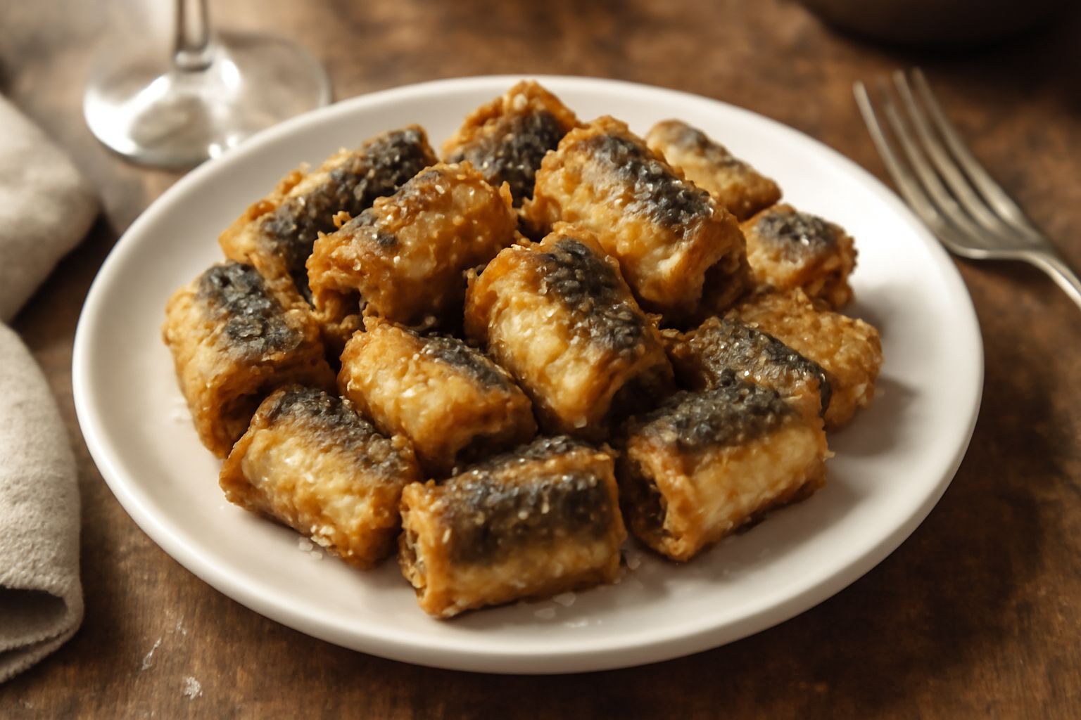 Anguillette fritte dorate e croccanti disposte in un piatto bianco, condite di sale grosso, con limone fresco tagliato a spicchi e prezzemolo fresco accanto