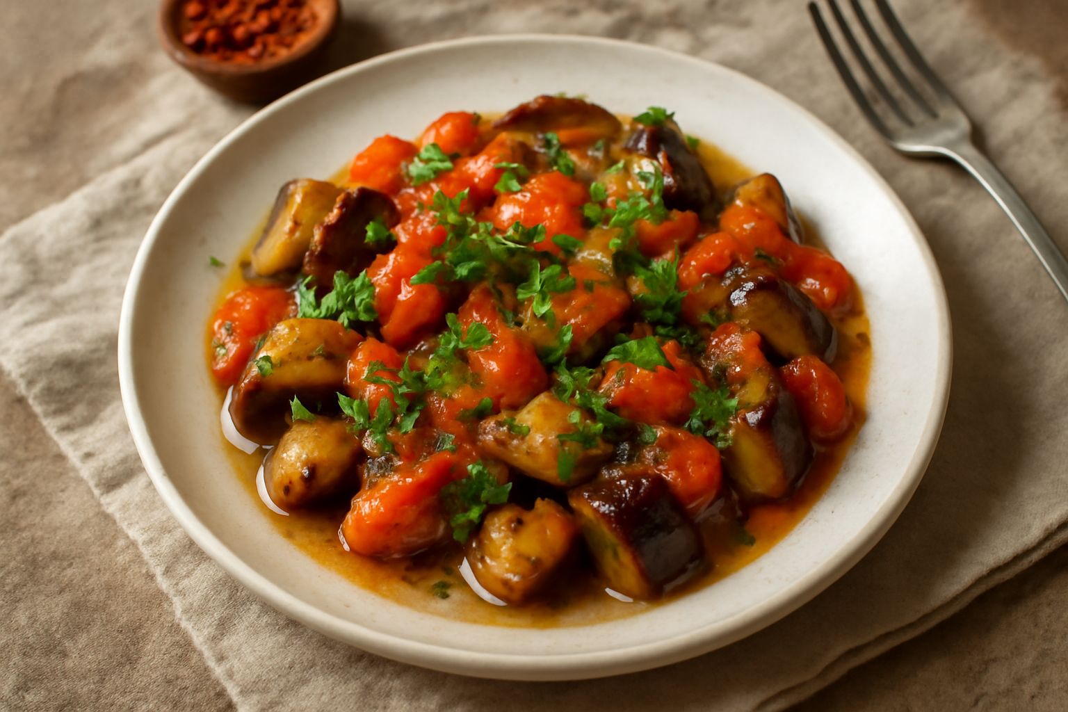 Piatto bianco con angulas sard: melanzane tagliate a dadini brune e dorate, pomodori rossi a pezzetti, cipolla dorata, aglio e prezzemolo fresco verde in superficie. Olio luccicante intorno. Sfondo ne