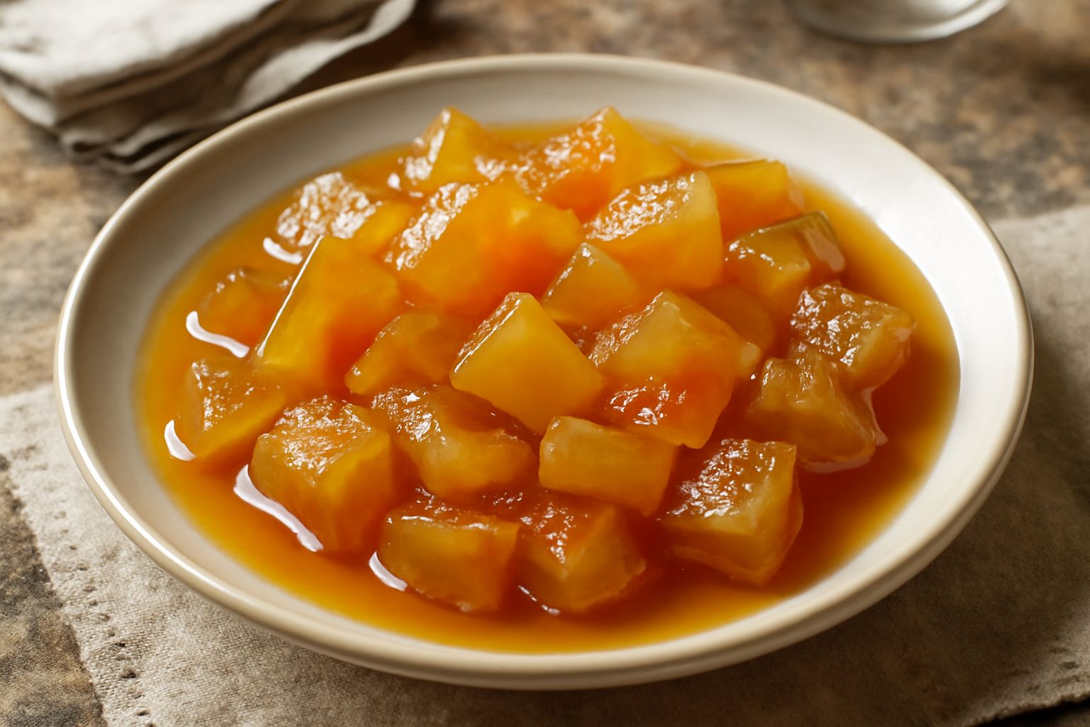 Vasetto di vetro con anguria conservata: pezzi di scorza bianca e rosa traslucidi in liquido ambrato, guarniti con cannella e chiodi di garofano, su sfondo bianco con mezzo spicchio di anguria fresco