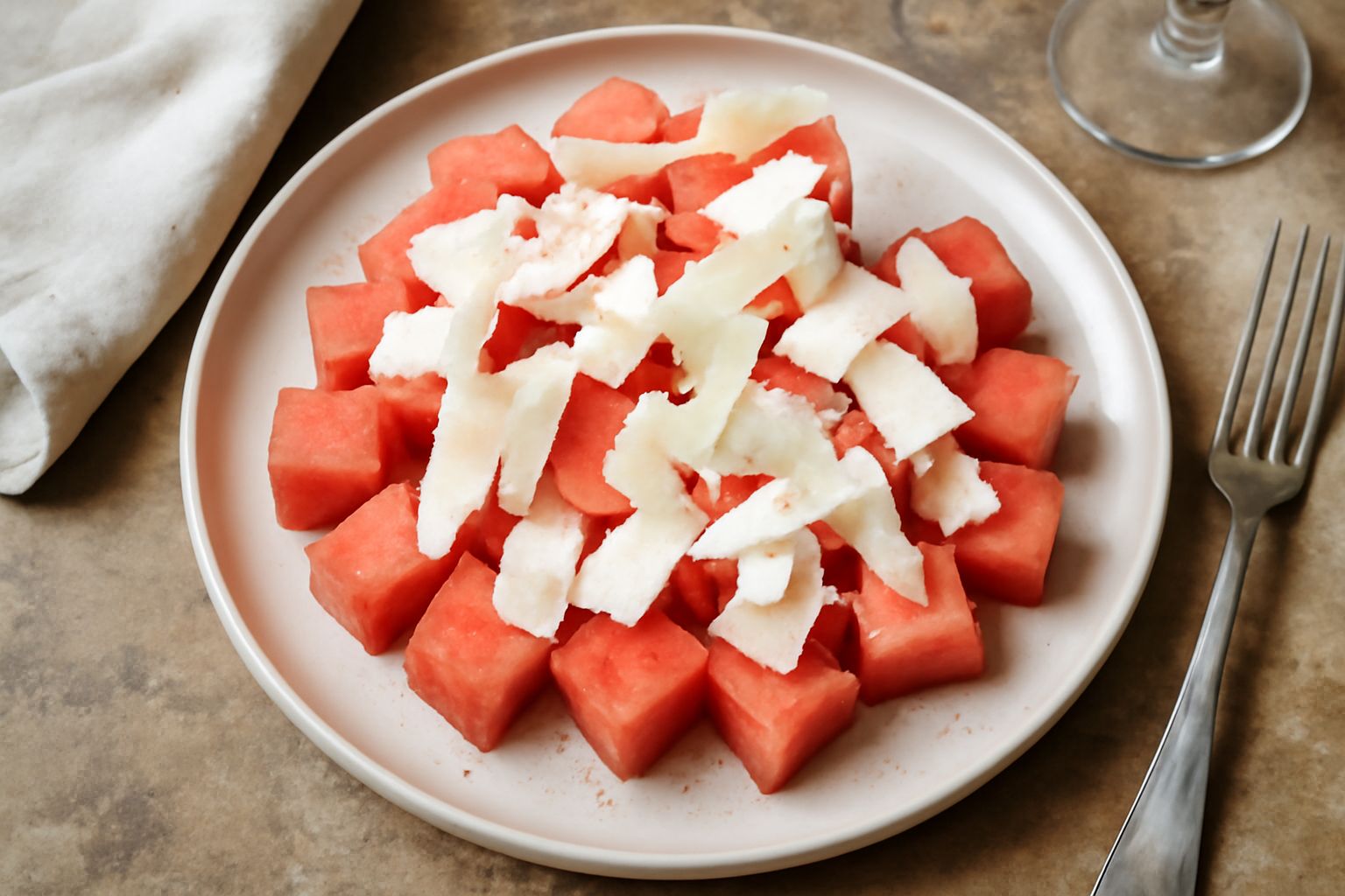 Piatto con cubetti di anguria rosa corallo alternati a scaglie bianche di formaggio, su sfondo di tavolo di legno, con foglie di menta verde fresca sparse intorno