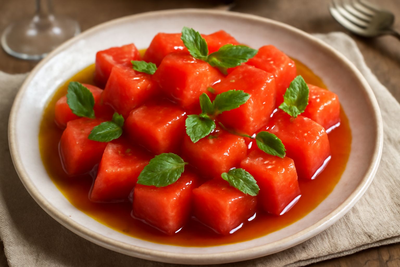 Anguria tagliata a cubetti color rosso intenso in una ciotola bianca, cosparsa di foglie di menta fresca verde e bagnata da una glassa trasparente lievemente dorata, con gocce di aceto lucido visibile