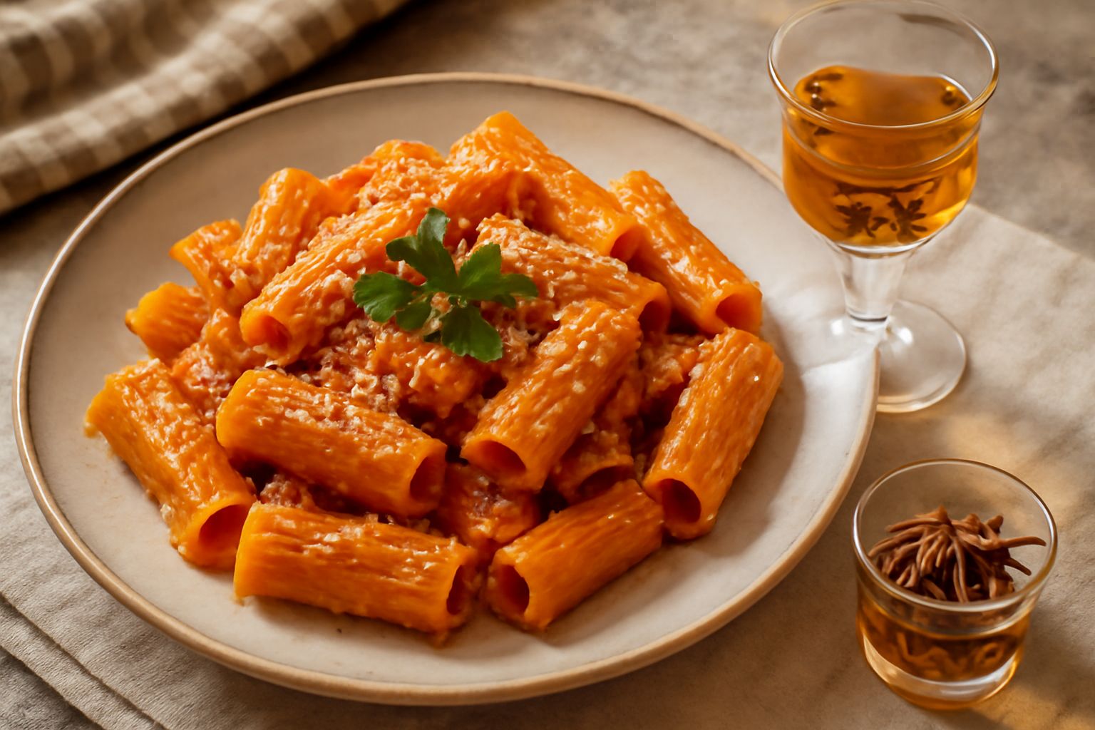 Bicchiere di liquore trasparente color ambrato con stella di anice sul fondo, bottiglie di vetro chiaro sullo sfondo, spezie sparse su un tavolo di marmo bianco