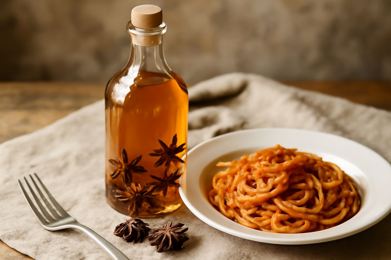 Bottiglia di vetro scuro con liquore trasparente ambrato contenente frutti di anice stellato interi, bottoni dorati e lucenti, illuminati dalla luce naturale su fondo bianco