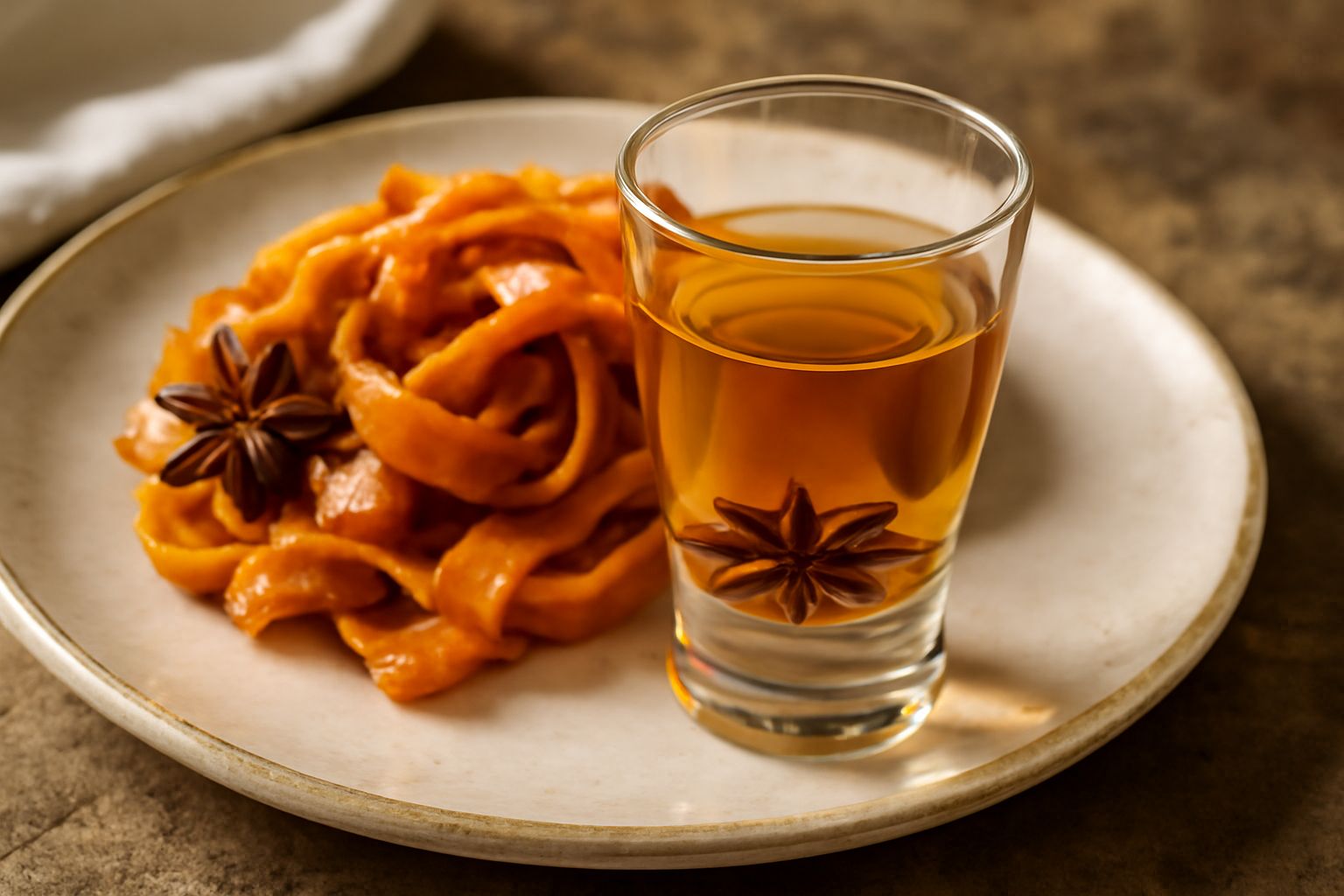 Un bicchierino con liquore trasparente e leggermente ambrato, con una stella di anice stellato visibile sul fondo, accanto a una bottiglia di vetro scuro contenente il liquore finito