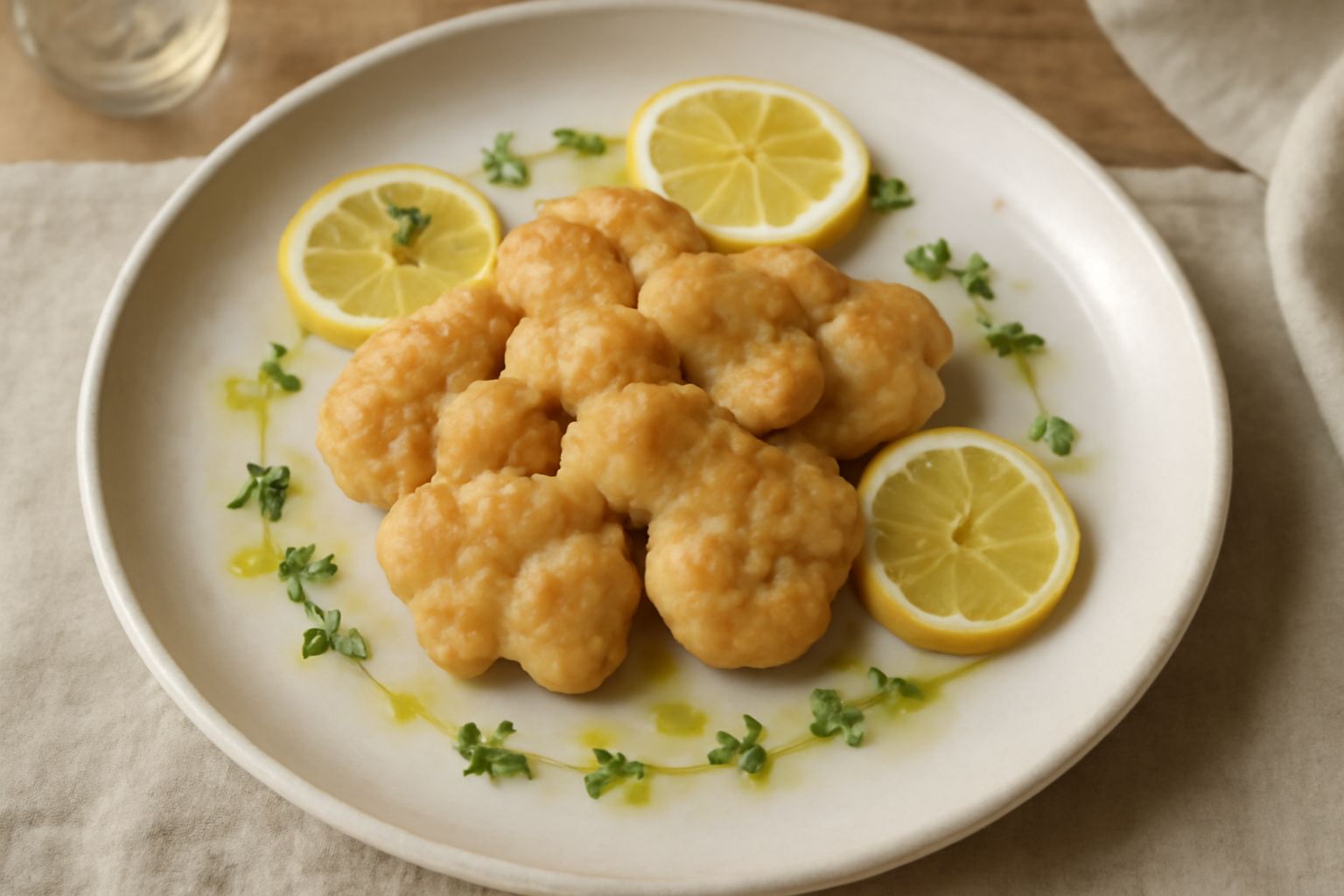 Animelle dorate in padella, sparse di timo fresco e limone tagliato a fette, su un piatto bianco con contorno di verdure leggere