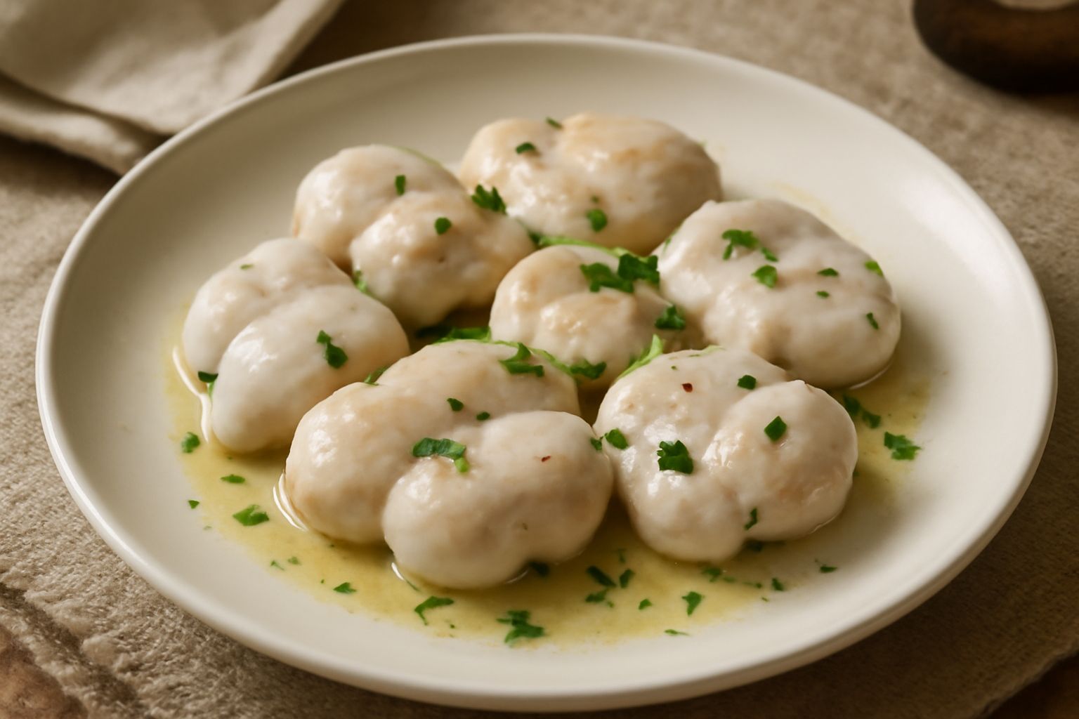 Piatto bianco con animelle di vitello dorate, tagliate a bocconi regolari, cosparse di prezzemolo fresco tritato, accompagnate da limone affettato e una piccola porzione di spinaci appassiti al burro