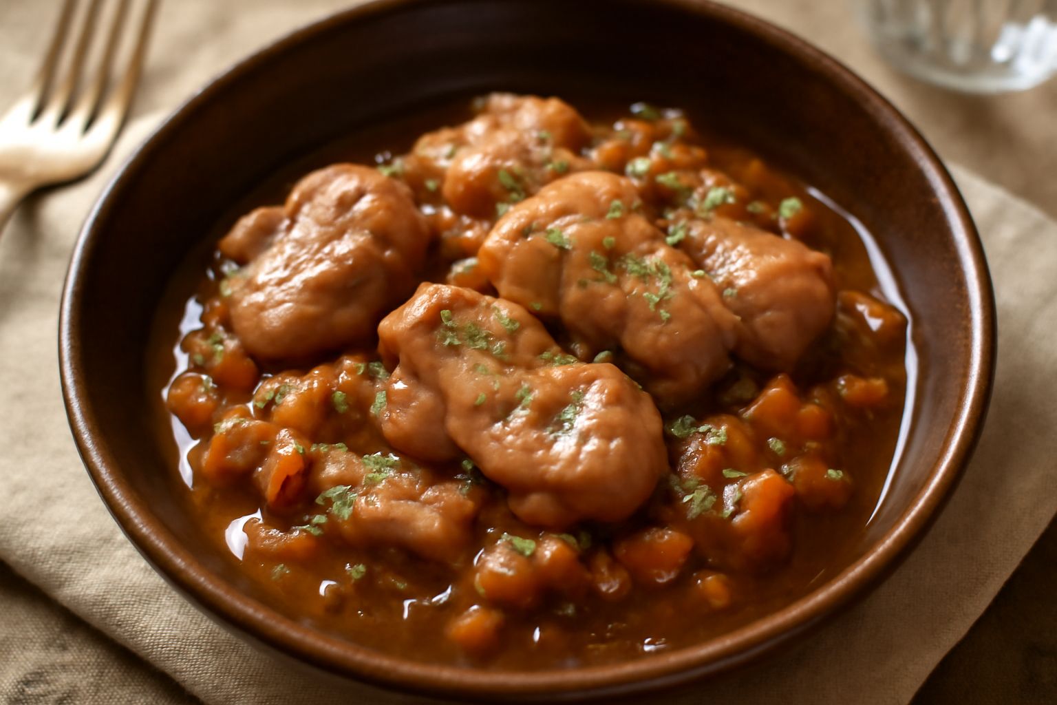 Animelle cotte in umido in una pentola di terracotta, ricoperte di salsa scura e ricca, con cipolla e carota visibili, contorno di sedano fresco a lato