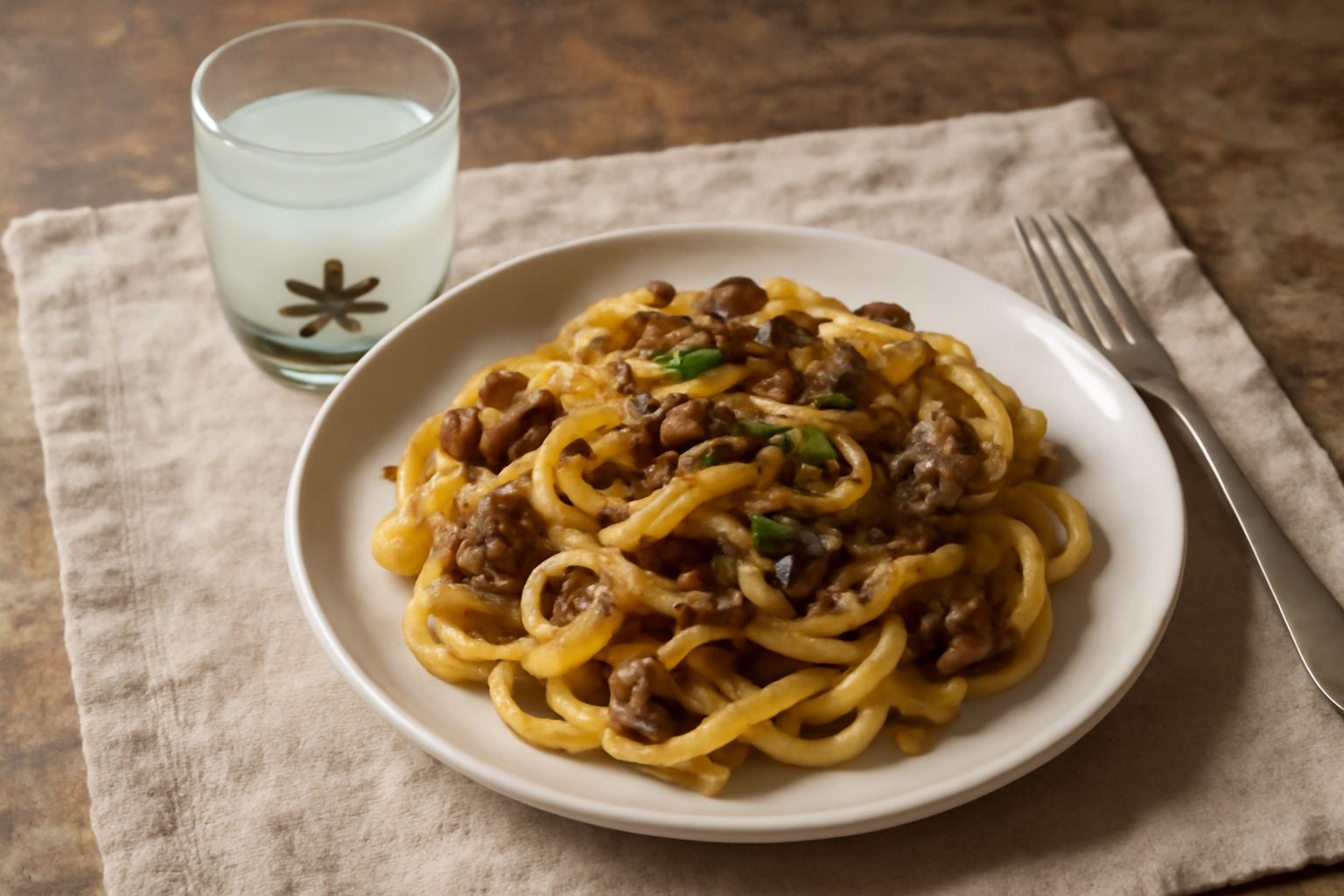 Bicchiere di cristallo con anisetta di Fermo di colore bianco latte, trasparente, con una stella di anice stellato sul fondo, su tavolo di legno scuro con sfondo sfocato