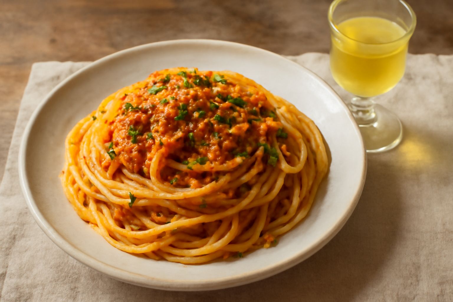 Bicchiere di cristallo trasparente con anisetta di Trapani dal colore giallo paglierino, illuminato dalla luce naturale, sfondo sfocato con semi di anice e una stella di anice su superfice bianca