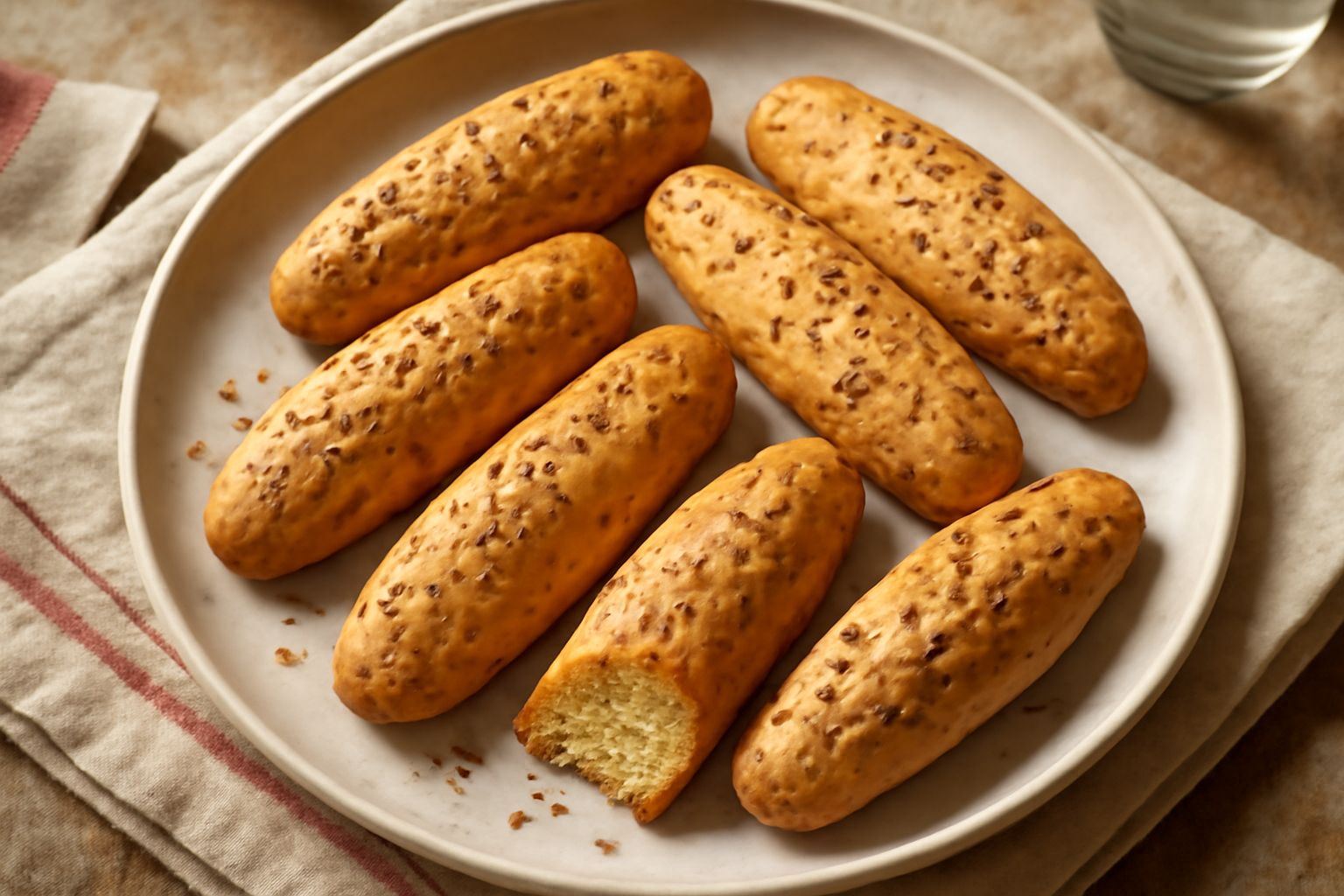 Anisette di Sassari dorate e croccanti impilate su piatto bianco, con semi di anice visibili sulla superficie, accanto a un bicchiere di vino bianco secco