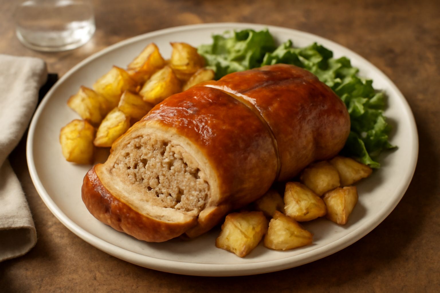 Anitra arrosto dorata e lucida, tagliata a metà nel piatto bianco, con ripieno di pane tostato e verdure visibile al taglio, contornata da patate rosse cotte al forno