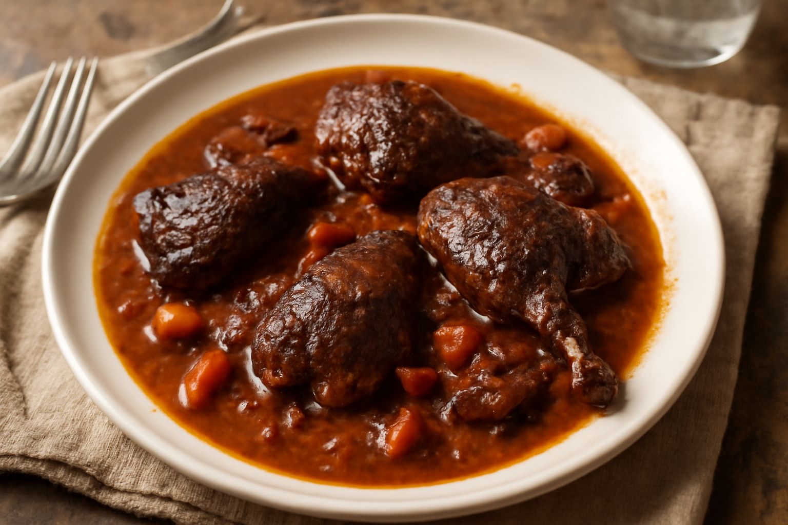Anitre in umido servite in una zuppiera di ceramica bianca, con pezzi di carne scura immersi in salsa marrone scura, guarnite da carota e sedano cotti, vapore visibile, contorno di pane tostato nel pi